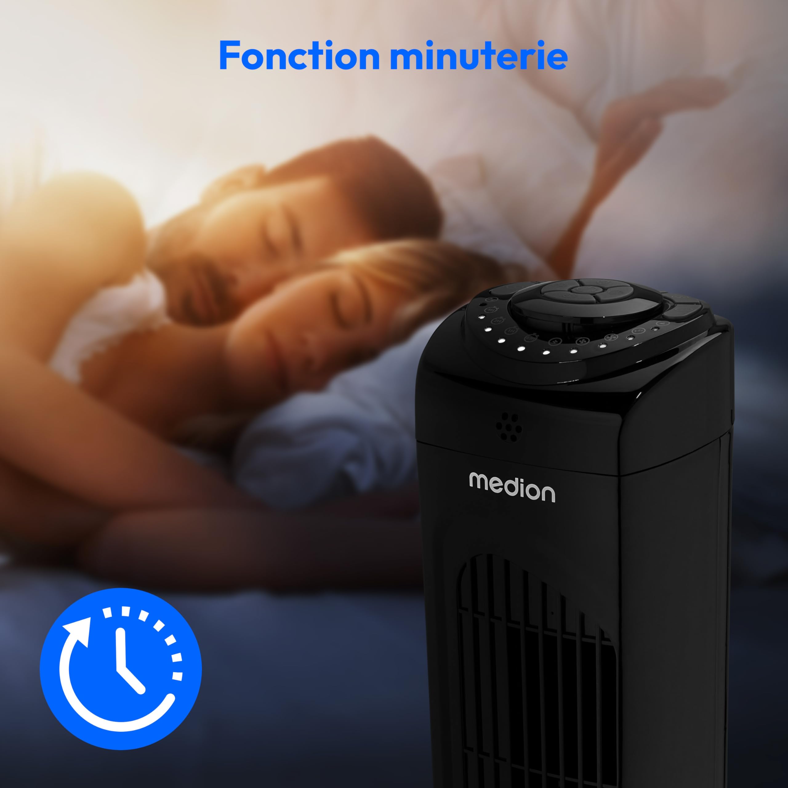MEDION E11 TF Ventilateur colonne avec télécommande (3 vitesses, mode sommeil silencieux, 45 W, oscillation horizontale 60°, minuterie, MD12067) noir