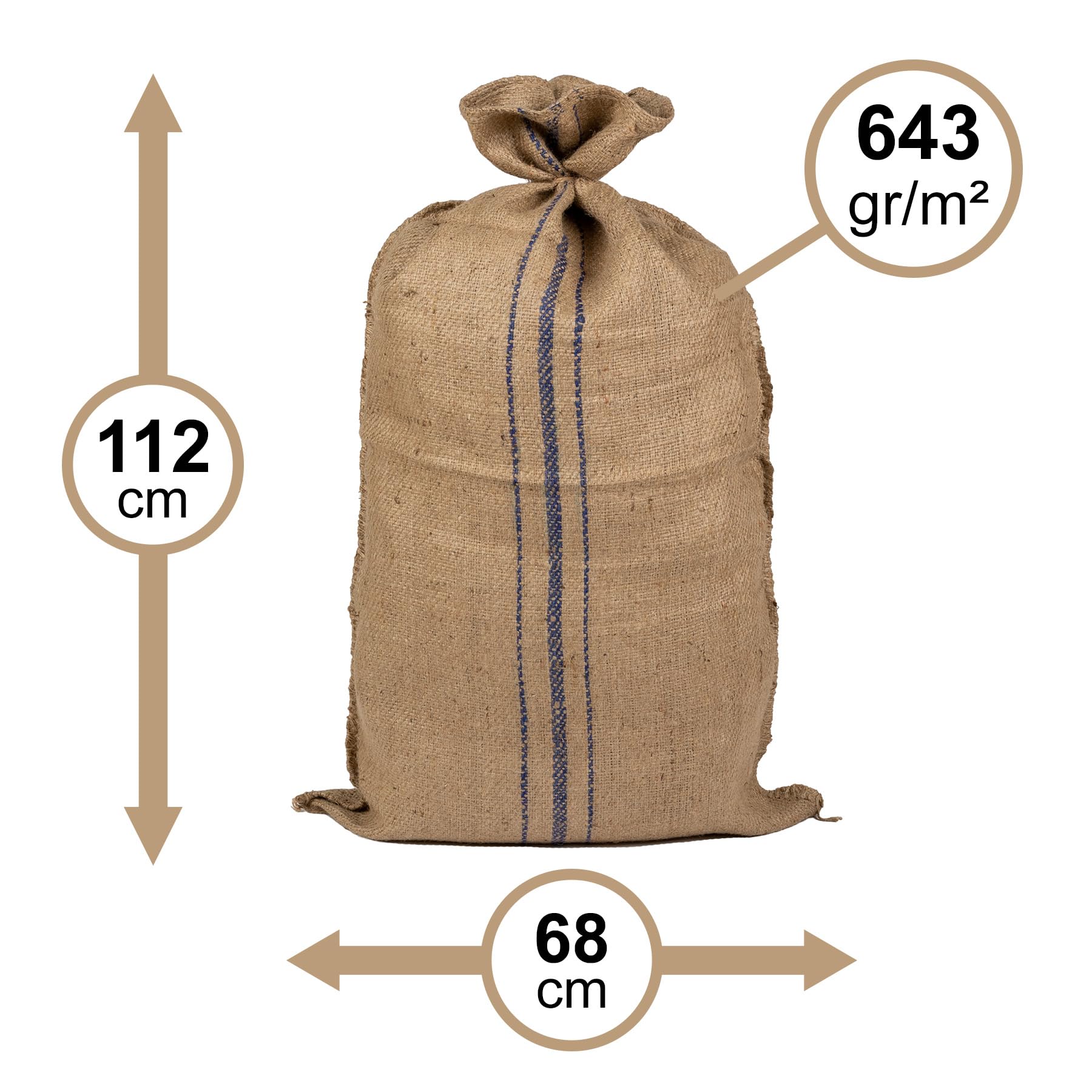 Sac en toile de jute XXL 68x112 cm 643 g/m² Ultra Résistant 100 kg Jardin Déchets Verts Bois Stockage Naturel