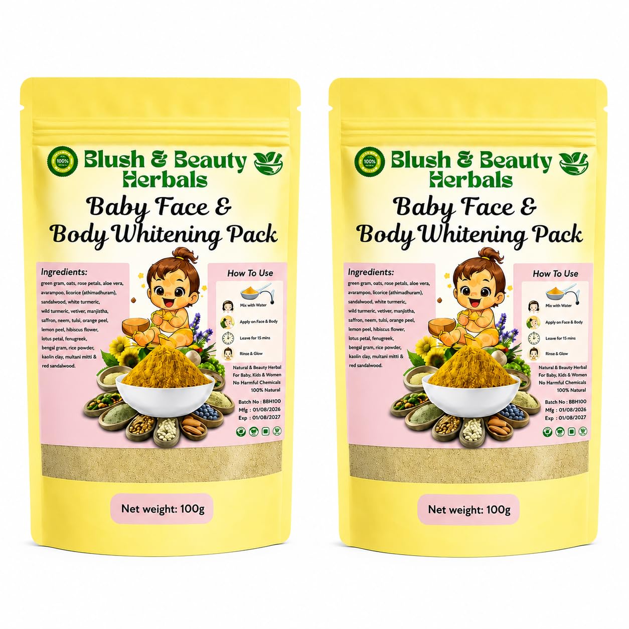 Blush & Beauty Herbals Baby Face & Body Whitening Pack | 25+ Herbal Ingredients | 1+1 Combo Pack (100g + 100g) | Natural Baby Skin Care Powder | Result in 7 days**-image-0