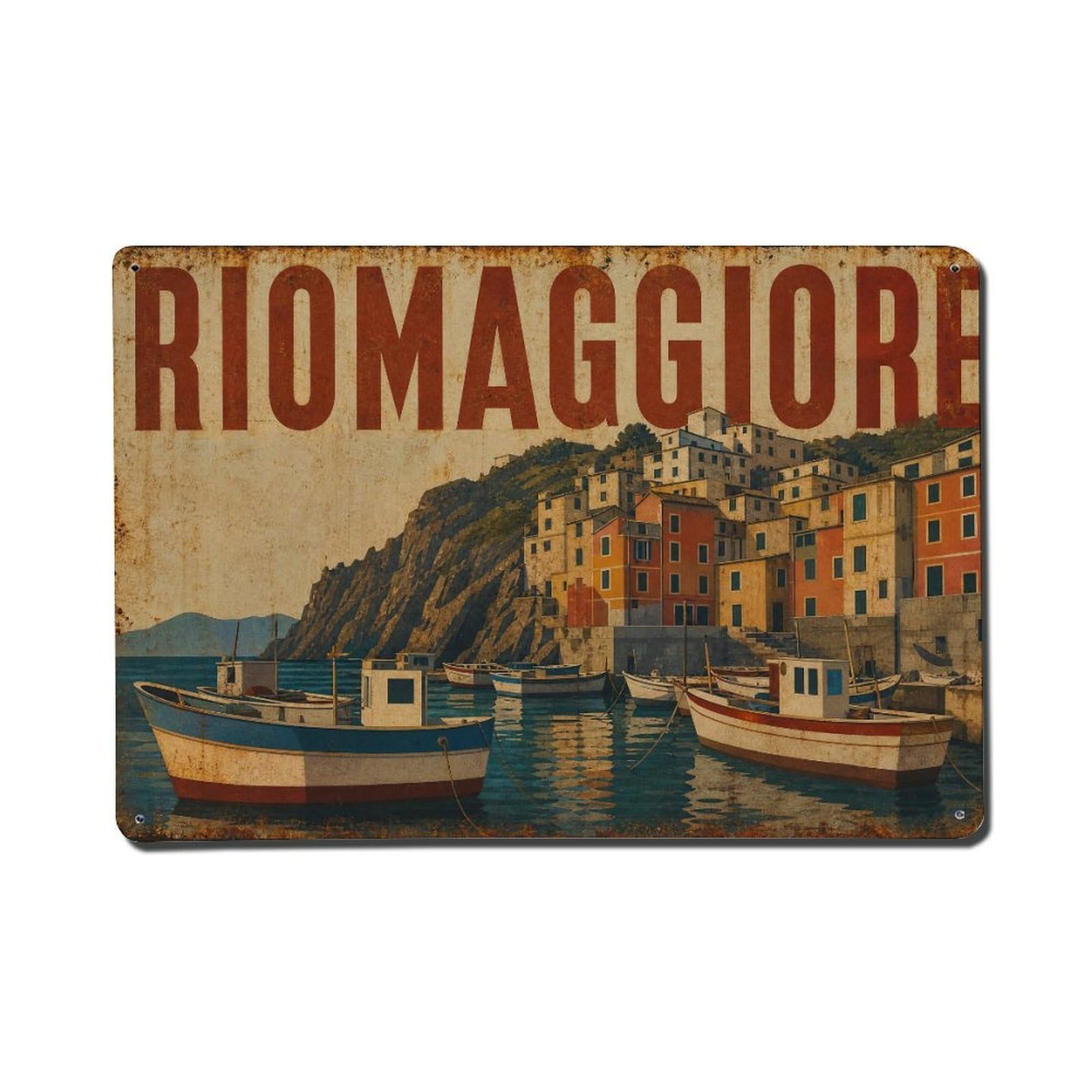 Vintage Travel Riomaggiore Marina Boats Docked Italy Metal Tin Sign