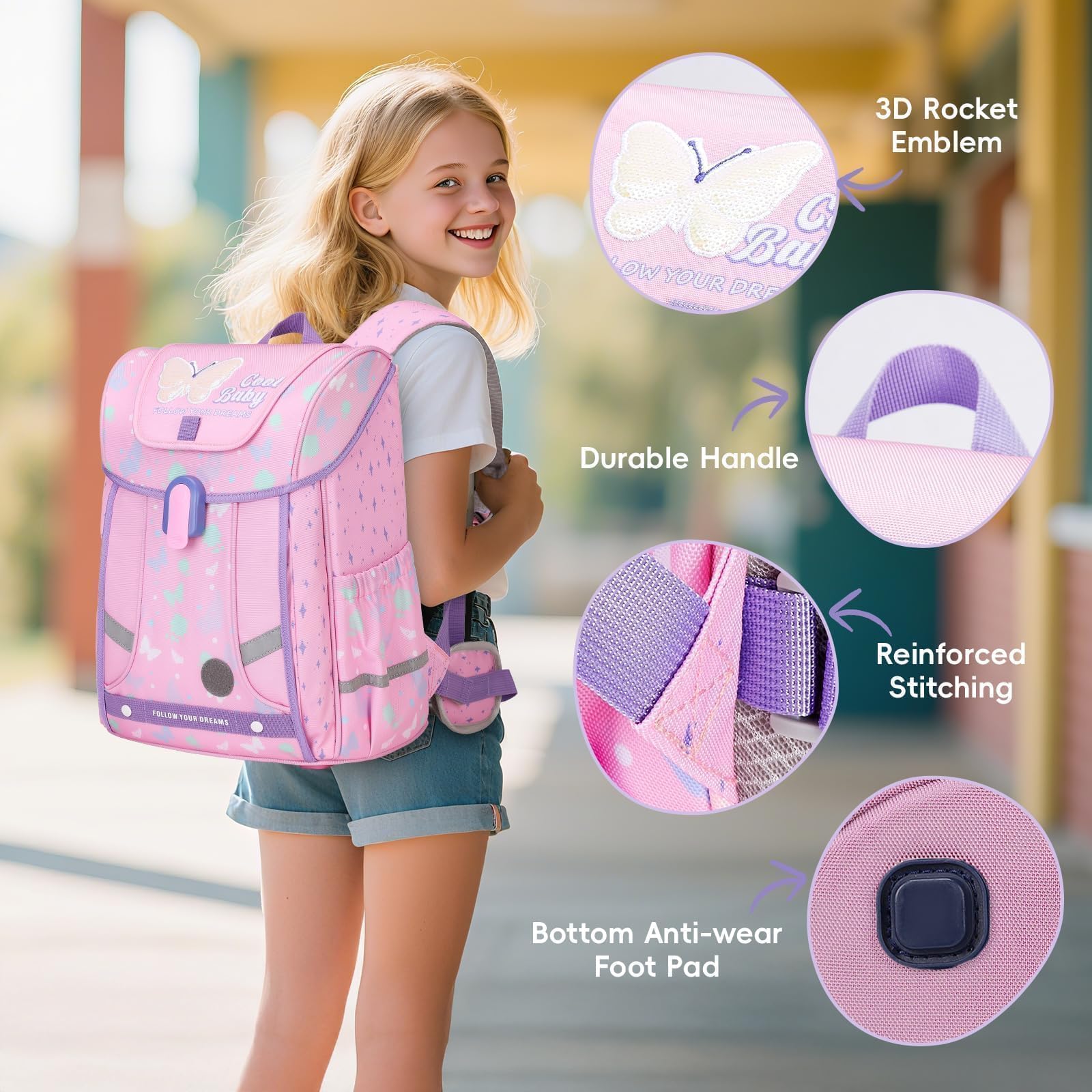 Amythe Set 4-teilig Schulranzen Mädchen Ergonomischer, Schulrucksack Mädchen der ab 1. Klasse, Rucksack Kinder mit Brustgurt, Reflektoren, Abnehmbarer Gürtel, Schmetterlingsmotiv