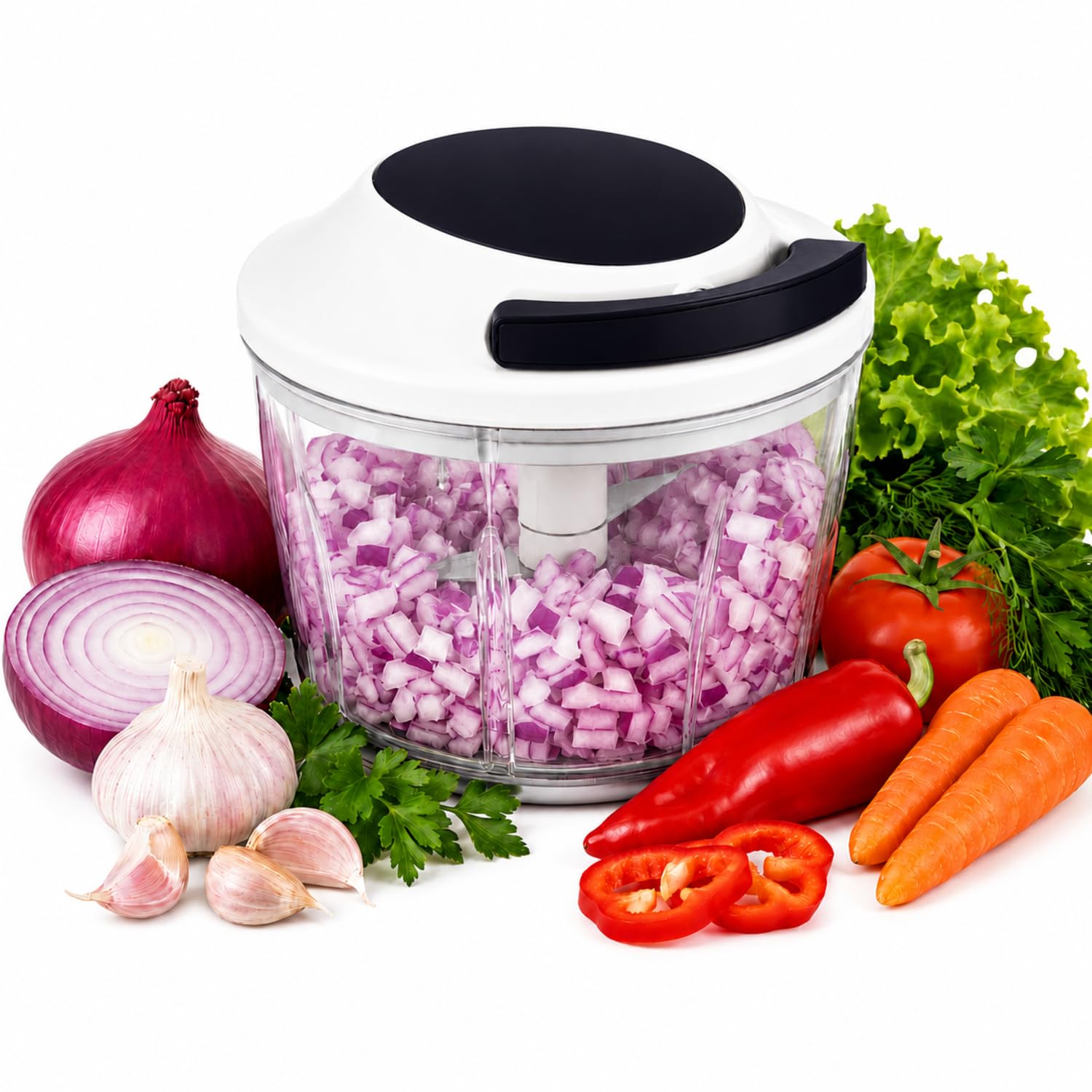 Paslanmaz 3 Bıçaklı İpli Rondo, Sebze Meyve Kuruyemiş İçin Taşınabilir Manuel Çekmeli Doğrayıcı, Hızlı Pratik ve Ergonomik, Plastik, 700 ml (Koyu Antrasit)