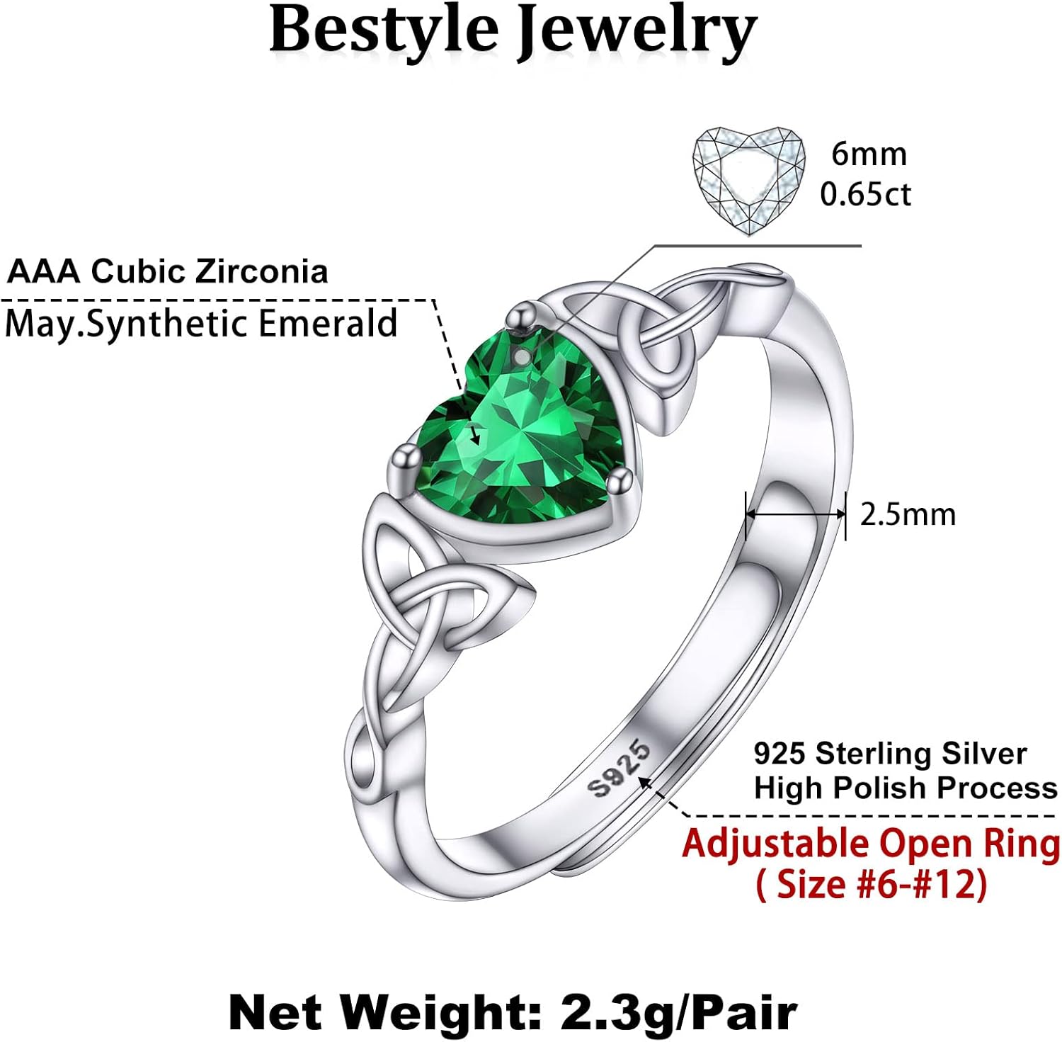 Bestyle Sterling Silver Celtic/Claddagh Birthstone Ring for Women, Hypoallergenic Celtic Silver Ring for Women, Adjustable Open Silver Thumb Ring, Love Promise Ring for Her, Great Birthday Gift - Image 4