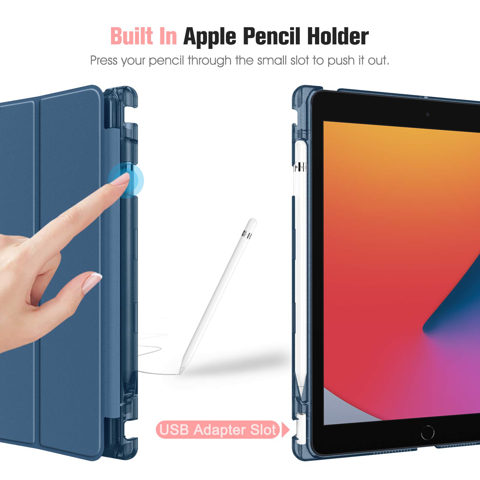 FINTIE Custodia per iPad 10.2 Pollici 9a / 8a / 7a Generazione (2021 2020 2019) con Built-in Pencil Holder - Sottile Leggero Semi-Trasparente Cover Case con Auto Sveglia/Sonno, Blu Scuro