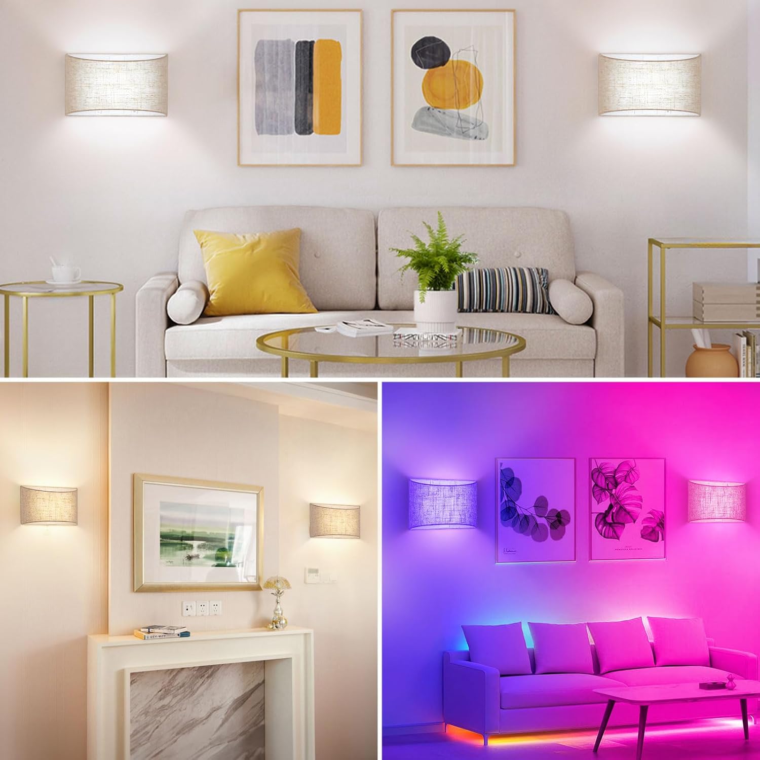 Battery Operated Wall Sconces Set of Two, Dimmable Wireless Wall Lamps with Remote, 15 Colors & Timer, Not Hardwired Wall Lights with Cream Fabric Shade for Rooms Wall Decor, 2 Magnetic Bulbs Included