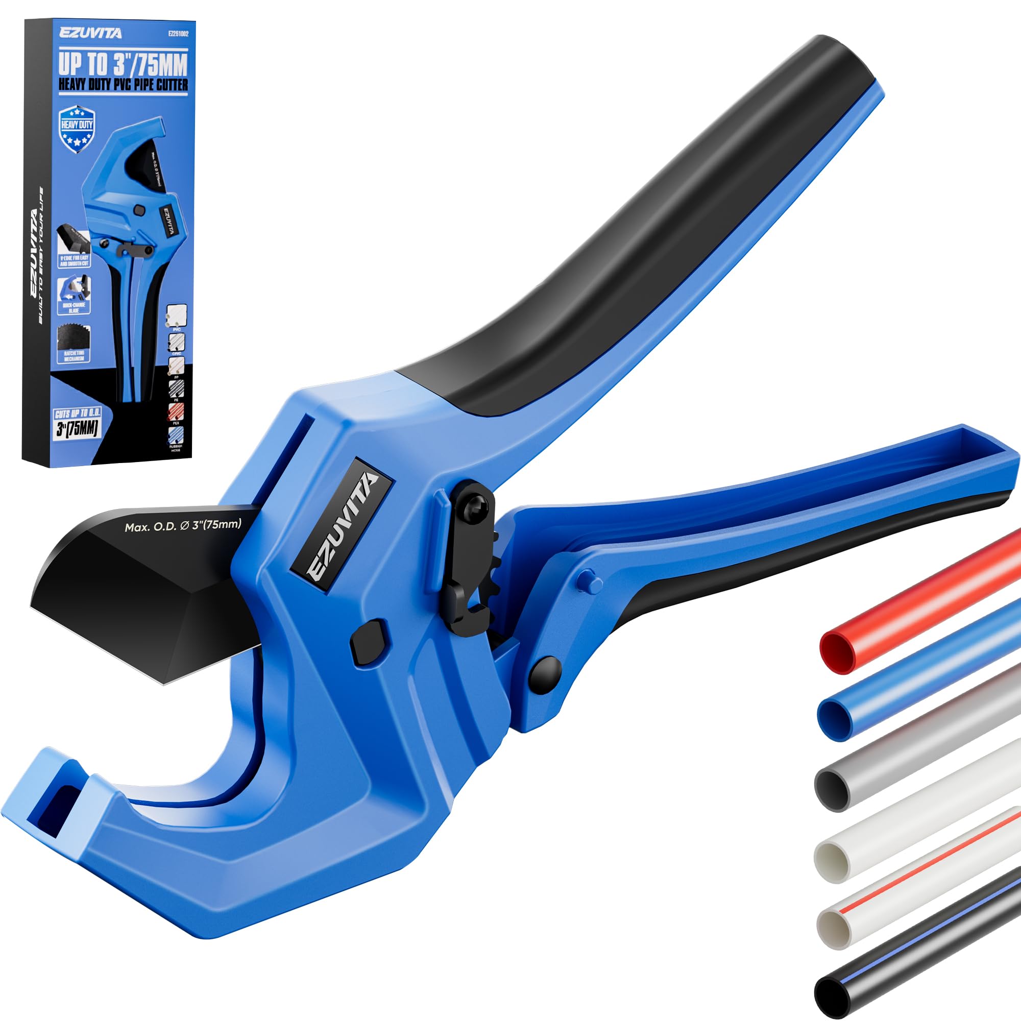 Ezuvita Ratchet Pvc Pipe Cutter, Cuts Up To 75Mm, Heavy-Duty Aluminum Ratchet Tubing Cutter Tool For Pex, Pvc, Cpvc, Pe, Pp, Abs And Rubber Hose, Suitable For Home Repair And Plumbing