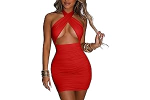 Women's Seductive Ruched Bodycon Halter Criss Cross Cut Out Backless Mini Club Party Dress