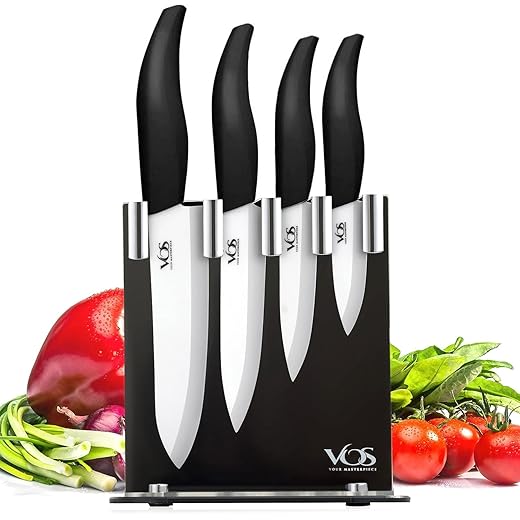 Vos Ceramic Knife Set with Knife Block Holder - 4 Piece knives Set - Chef Knife, Utility Knife, Paring Knife and Multi-Purpose Knife - Lightweight Sharp Knives - Elegant Gift Box (Black)