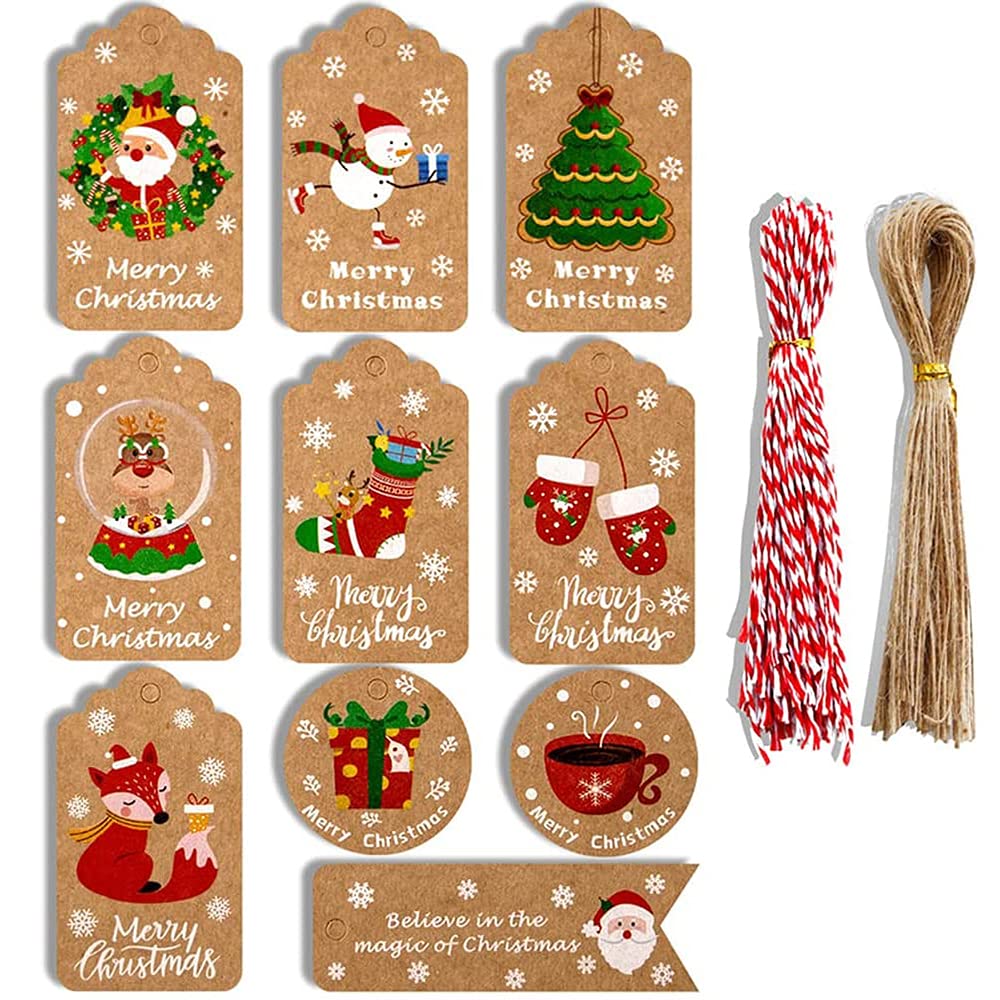 150 Étiquettes Cadeaux Noël En Papier Kraft - Avec Ficelle De Jute 30m, 3 Motifs Imprimés - Pour Emballage Et DIY - 4