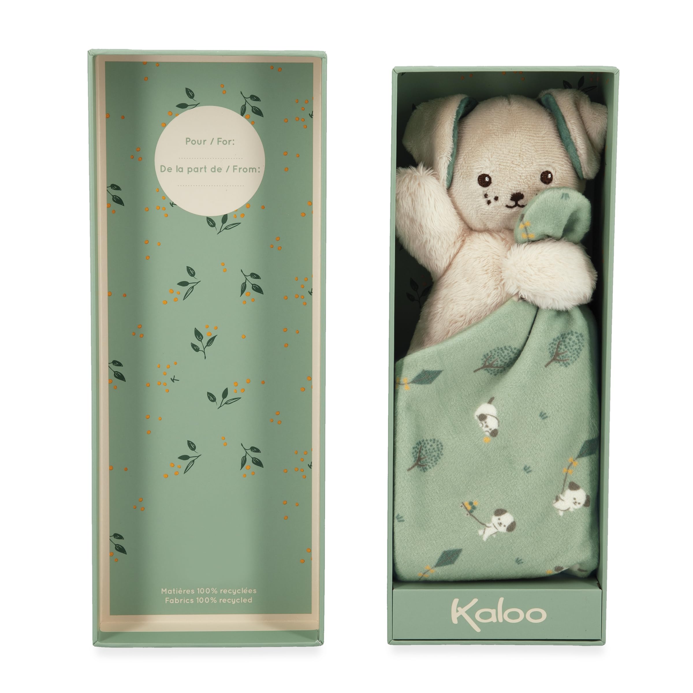 KALOO - Quadrato Morbidezza - Doudou Cagnolino Verde - Peluche per Neonato - Quadrato 18 x 18 cm Verde - Materiali Ecosostenibili - Scatola Regalo FSC - dalla Nascita, K226001