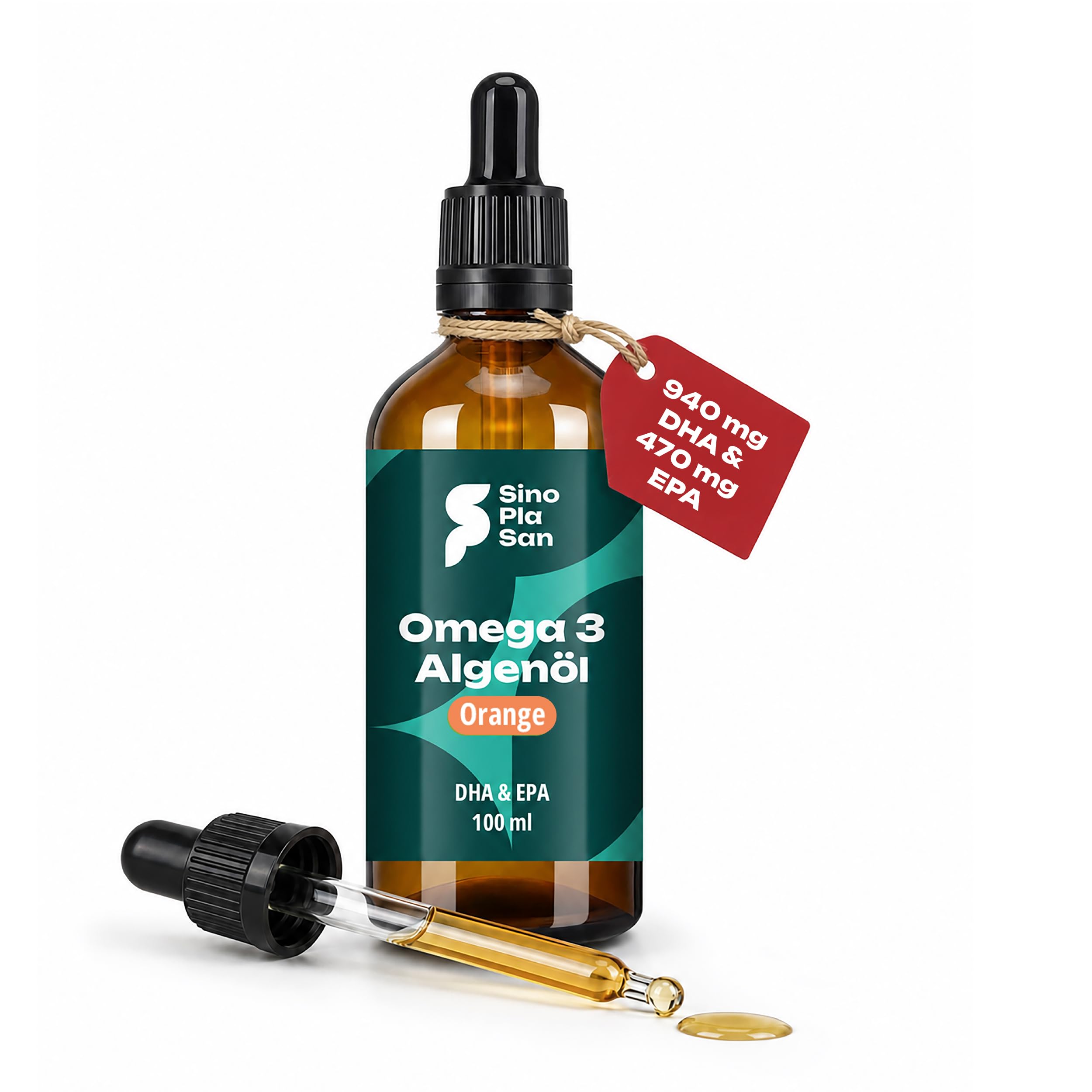 SinoPlaSan Premium Omega 3 Algenöl vegan hochdosiert 100ml mit Orangennote | Omega 3 vegan mit 1000mg DHA und 535 EPA für Herz, Gehirn und Sehkraft - Laborgeprüft & Made in Germany