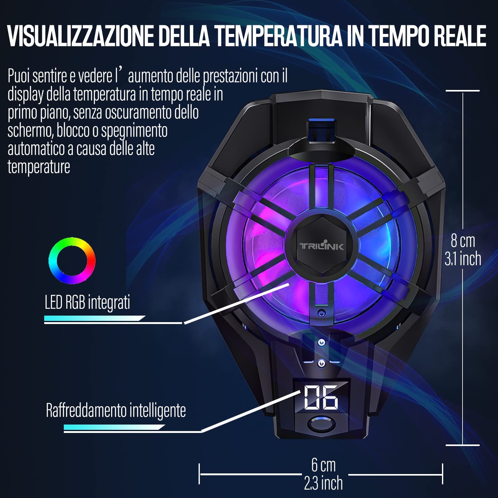 TRILINK Raffreddamento Telefono con Batteria Ricaricabile, Ventola per Gaming Adatto a Tutti i Tipi di iPhone, Smartphone Android, Radiatore per Cellulare con LED RGB