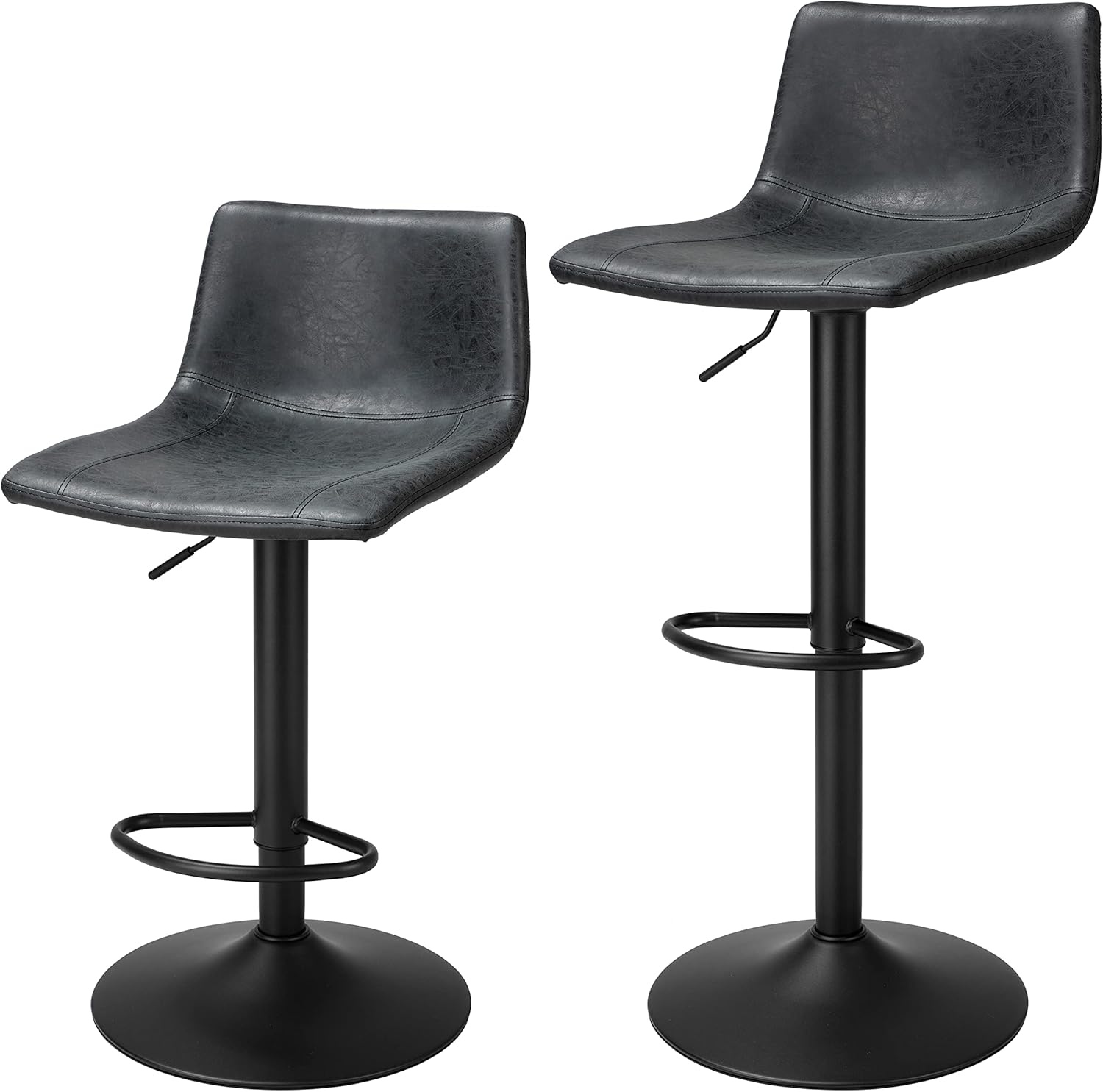 Finnhomy Bar Stools Set of 2 Counter Height, Swivel Barstools with Footrest and L Shape Back, Height Adjustable Modern Bar Chairs, Vintage Leather, Retro Black