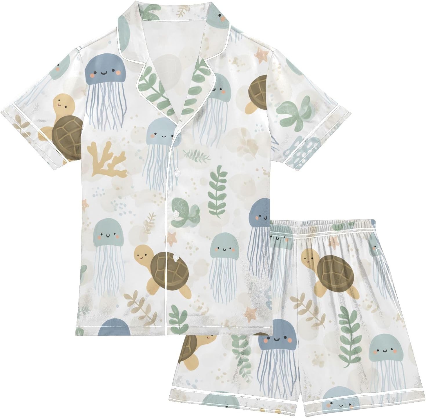 Kids Casual Satin Wear Set Cute Jellyfish Turtle Plant Pattern Unisex Short Sleeve Clothing for Relaxing