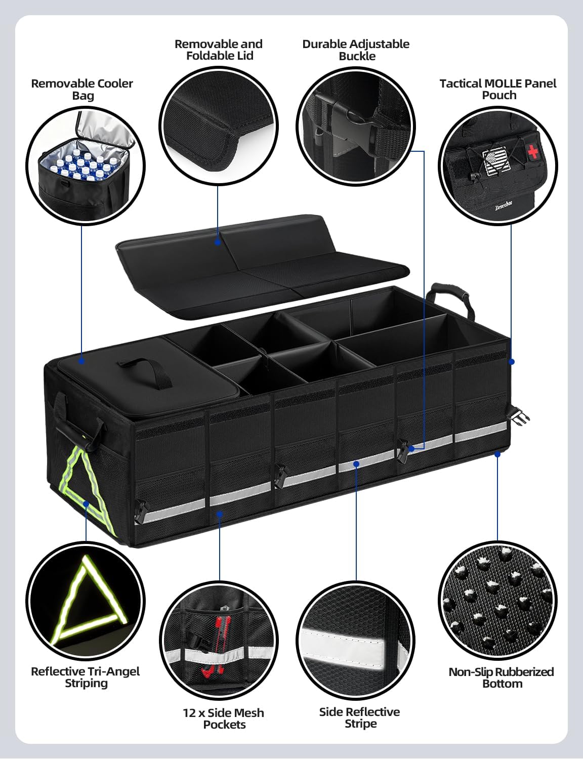 100L Car Trunk Organizer with Foldable Lid & Removable Cooler Bag, MOLLE Panel Pouch, Reflective Tri-Angel, Adjustable Divider,12 Mesh Pockets-Collapsible Trunk Storage Box for SUV