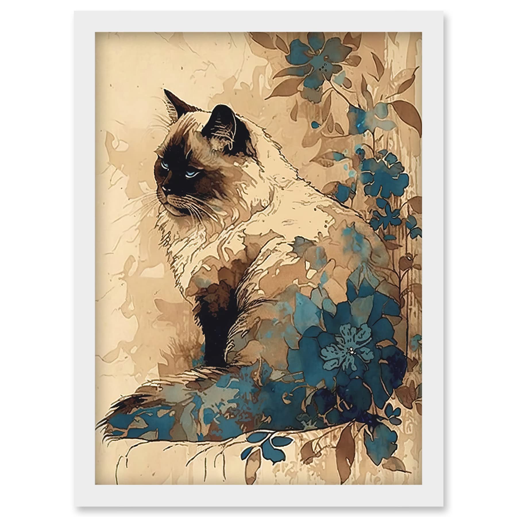 Artery8 Ragdoll Cat with Floral Patterns Watercolour Illustration Artwork Framed Wall Art Print A4