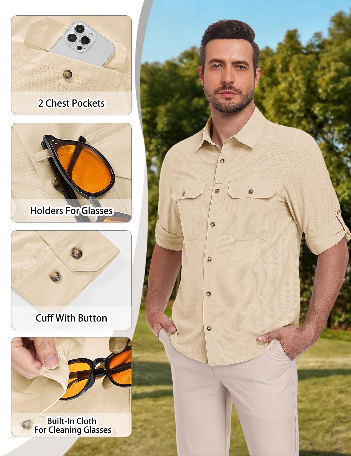 heekpek Camicia Uomo Manica Lunga Estive UPF 50 Maglietta Anti UV Traspirante Funzionale Camicie per Safari Trekking Pesca