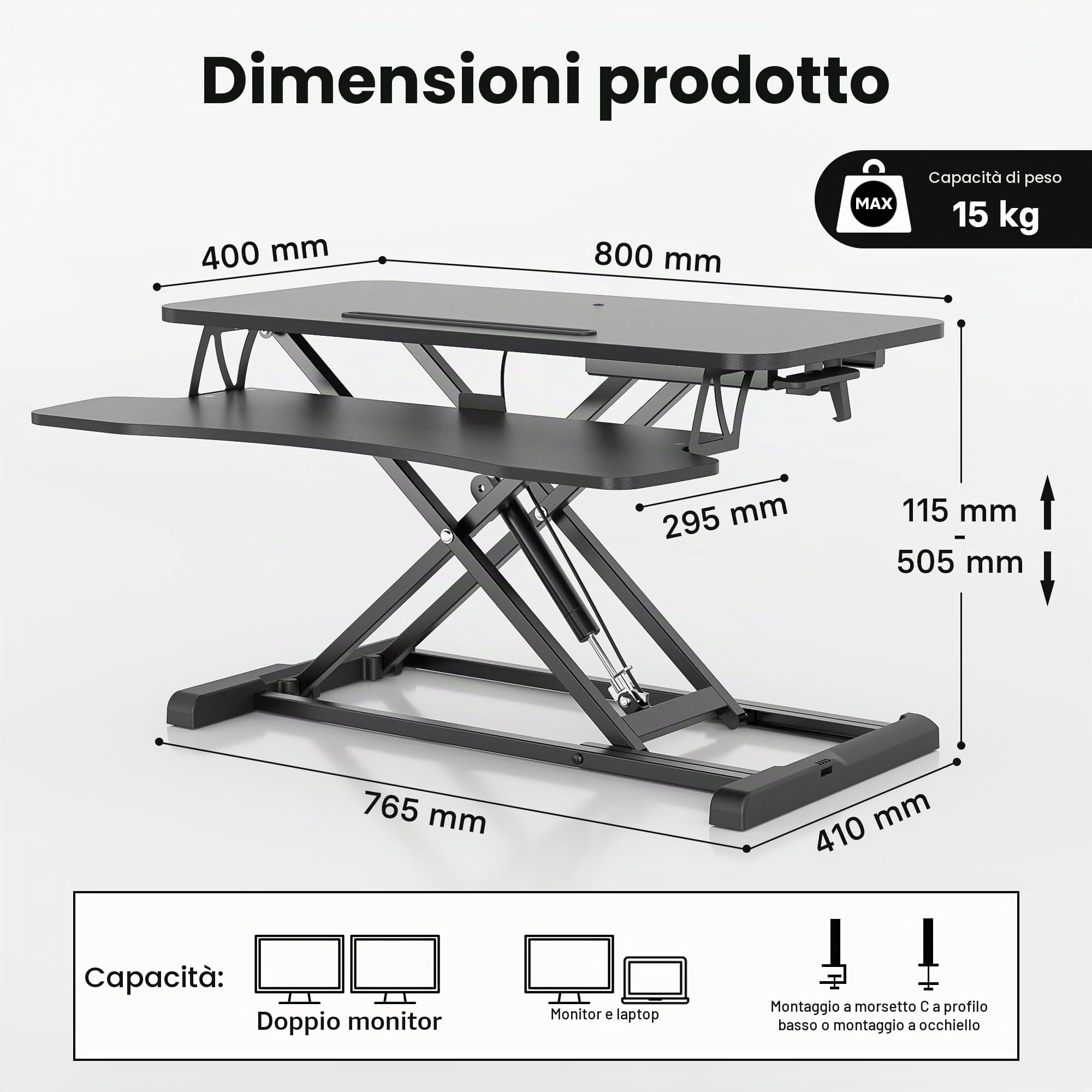 BONTEC Convertitore da Scrivania In Piedi con Vassoio della Tastiera, 800mm Regolabile in Altezza Standing Desk Converter per Schermi di Computer e Laptop, Standing Desk Regolabile Fino a 15kg, Nero