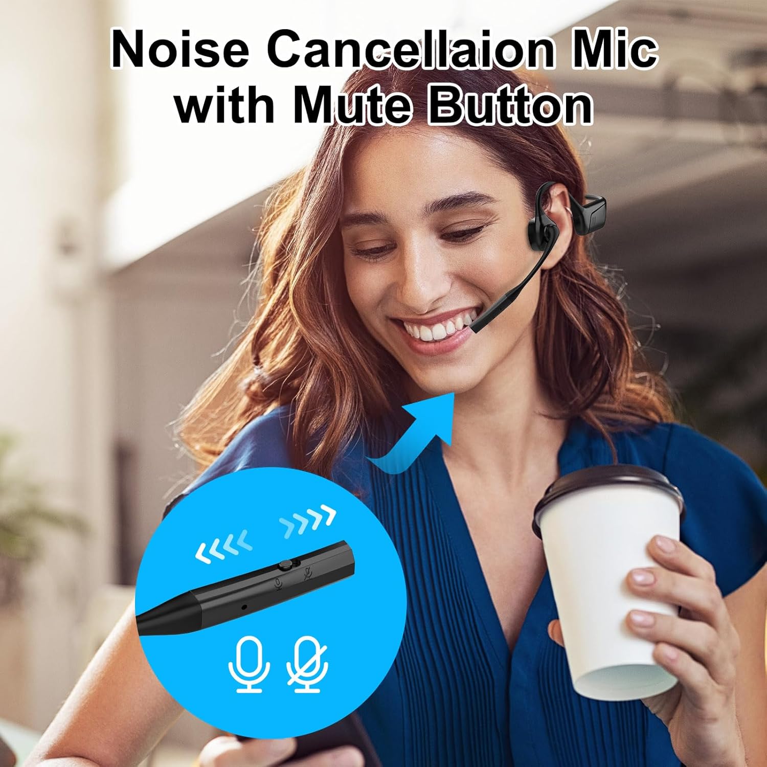 Open Ear Bluetooth Headphones with Microphone, Noise Cancelling Wireless Headset with Mute Button, Supports aptX/aptX-LL/aptX-HD, Designed for Meeting, Home Office,Driving -Not Bone Conduction (Grey)