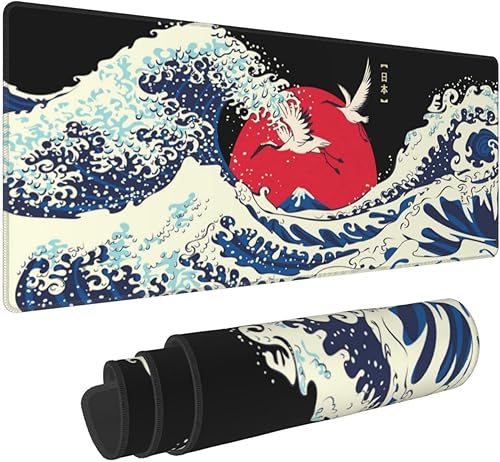 Miniatura 1 de Alfombrilla de mouse de grúa japonesa Blue Great Wave of Kanagawa Red Sun de 11.8 x 31.5 pulgadas, base de goma antideslizante grande con bordes