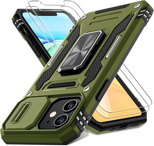 DEERLAMN Funda para iPhone 11 con cubierta deslizante para cámara + protector de pantalla (2 unidades), soporte de anillo giratorio de grado militar