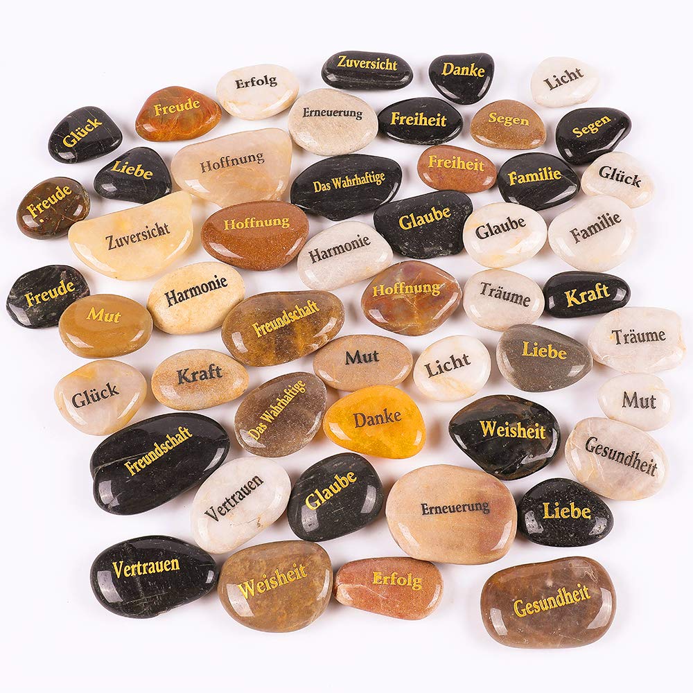 ROCKIMPACT 50 Stück Steine mit Spruch Glück Gravierte Steine Gravur Inspirierende Steine Glücksbringer Ermutigung Dankbarkeit Geschenk Glückssteine (Großhandel, 50 verschiedene Sprüche, je 5-8 cm)