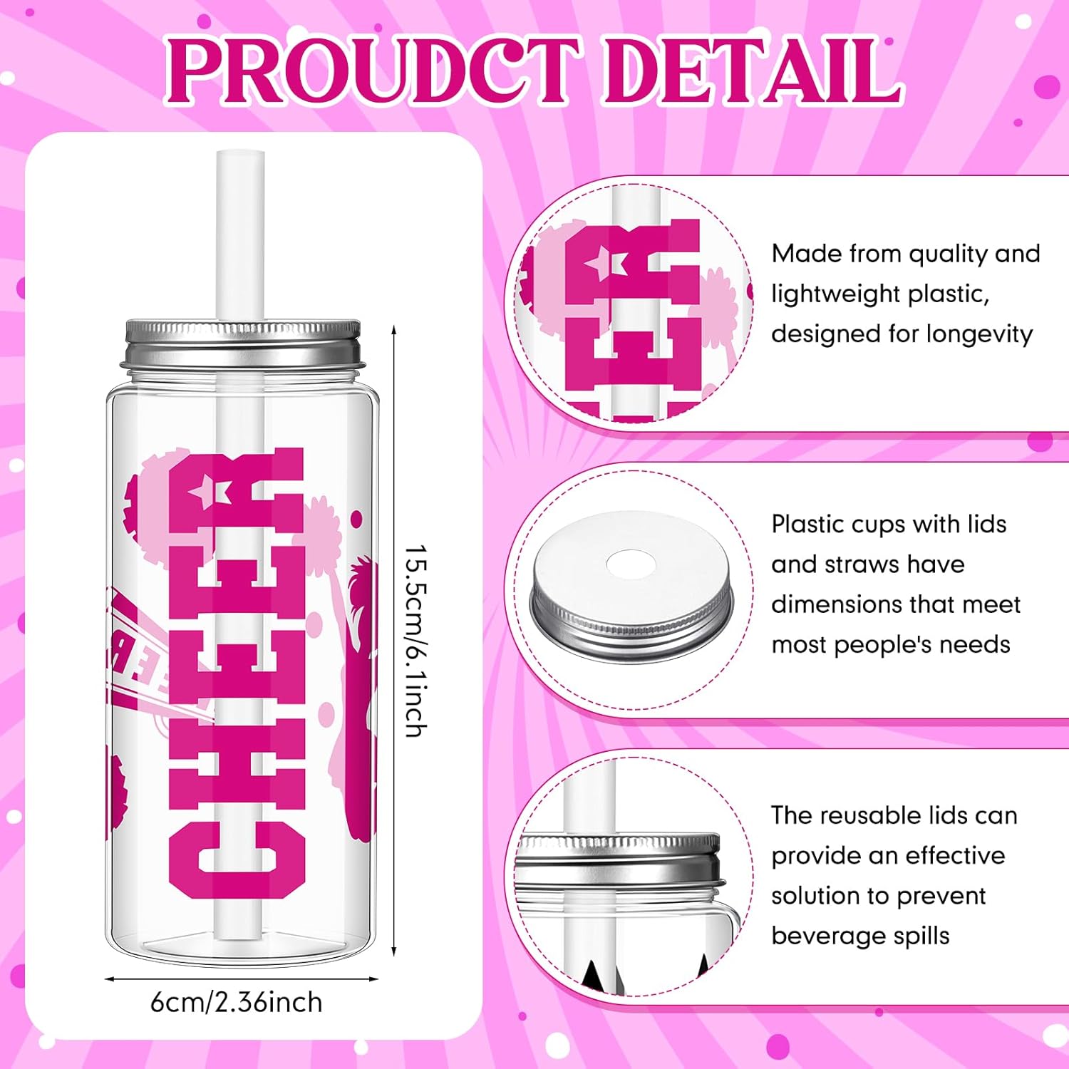 Mimorou 12 Set Cheerleader Gift Bulk for Team Incluede 12 Cheerleading Cups Bow Water Bottles Plastic Cheer Tumblers with Lid and Straw 12 Pom Pom Keychain 12 Cheer Bracelets 12 Bag 12 Card (Rose Red)