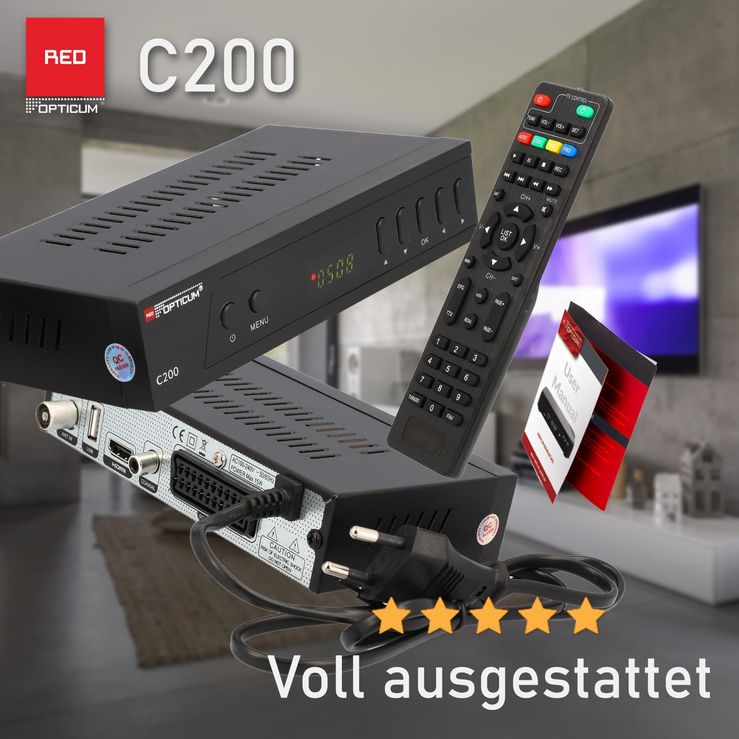 Opticum C200 Full HD Kabel Receiver mit USB HDMI SCART, DVB-C Receiver für Kabelfernsehen/Kabelanschluss für Radio und Fernsehen