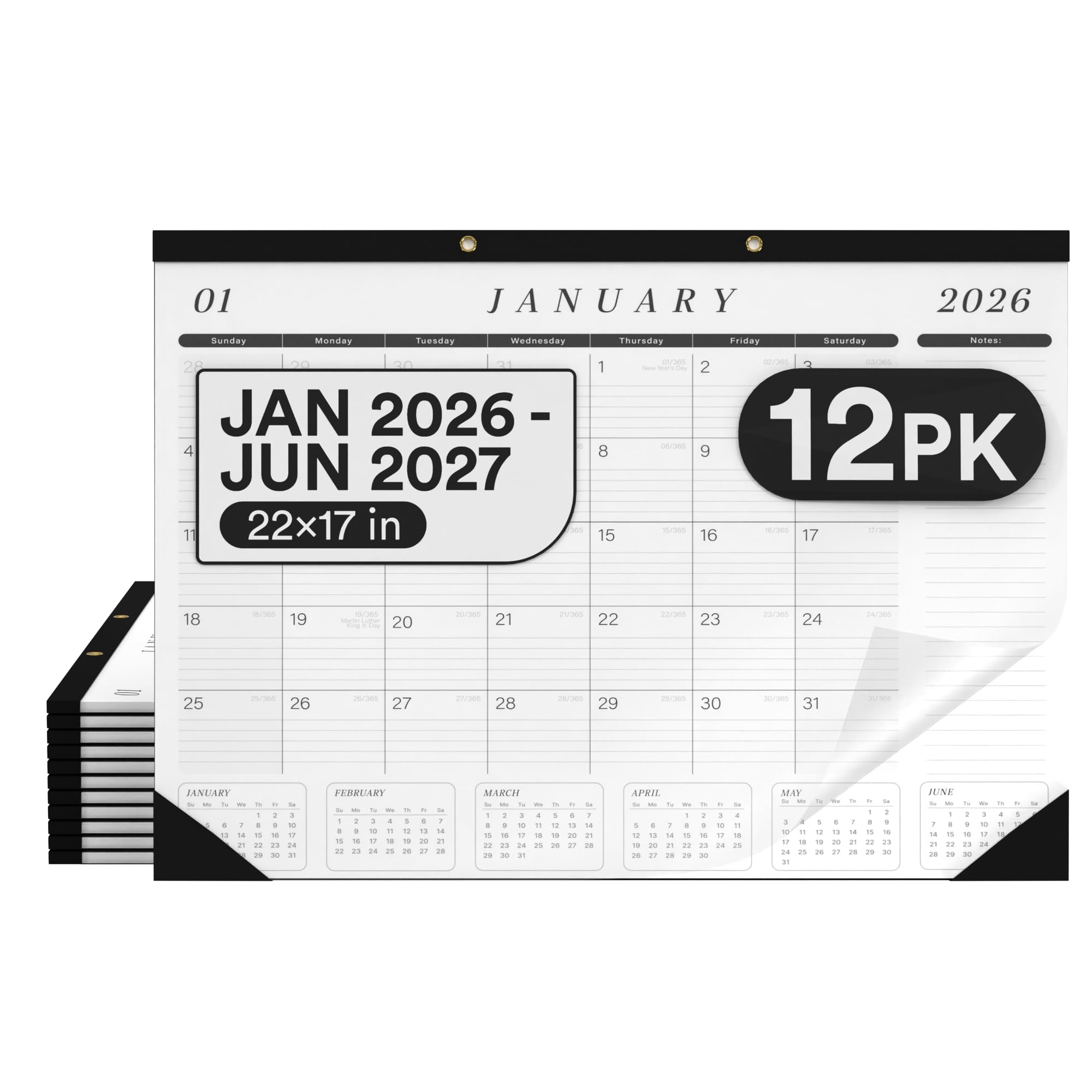 Desk Calendar 2026-2027 Large 22x17 Desk Calendar Jan 2026 - Jun 2027 Desk Blotter To-do List Planner (Black & White 12 Pack)