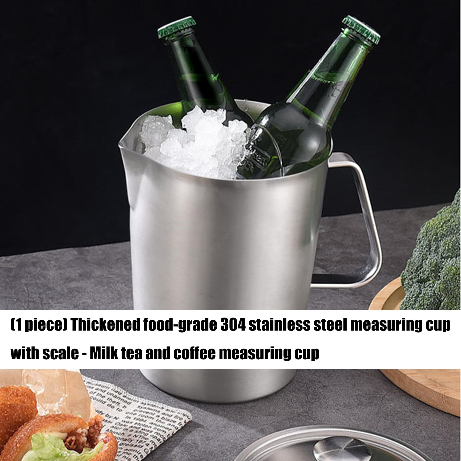 Taza medidora de acero inoxidable 304 grueso con escala precisa para café, leche, tés y cocina, 500 ml a 2000 ml Capaci