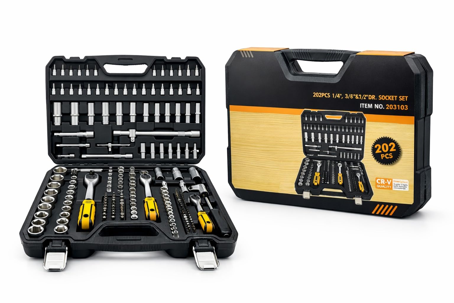 Valigetta Attrezzi 202 Pezzi Chiavi a Bussola con Cricchetto 1/4" 3/8" 1/2" Acciaio Cr-V Professionale Set Bussole Completo con inserti Torx, Prolunghe e Accessori Kit Utensili Meccanico per Auto