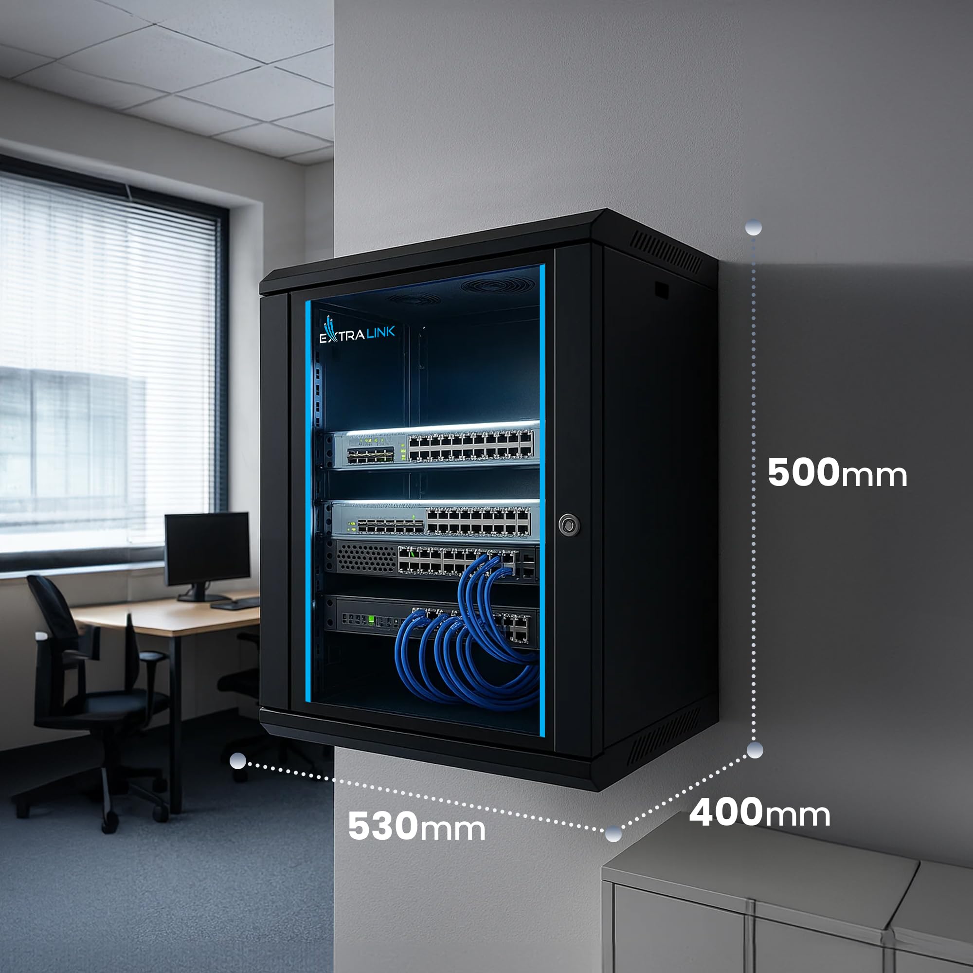 Extralink Serverschrank 19 Zoll 9HE - Netzwerkschrank 400mm Tiefe - Wand oder Standmontage, Traglast 60 kg, 180° Öffnung, schwarz - inkl. praktischer Regale - für Heimnetzwerk & IT-Geräte