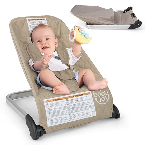 BABY JOY Gorila plegable y asiento estacionario con arnés de seguridad de 5 puntos, funda de tela extraíble, asiento portátil para bebés recién