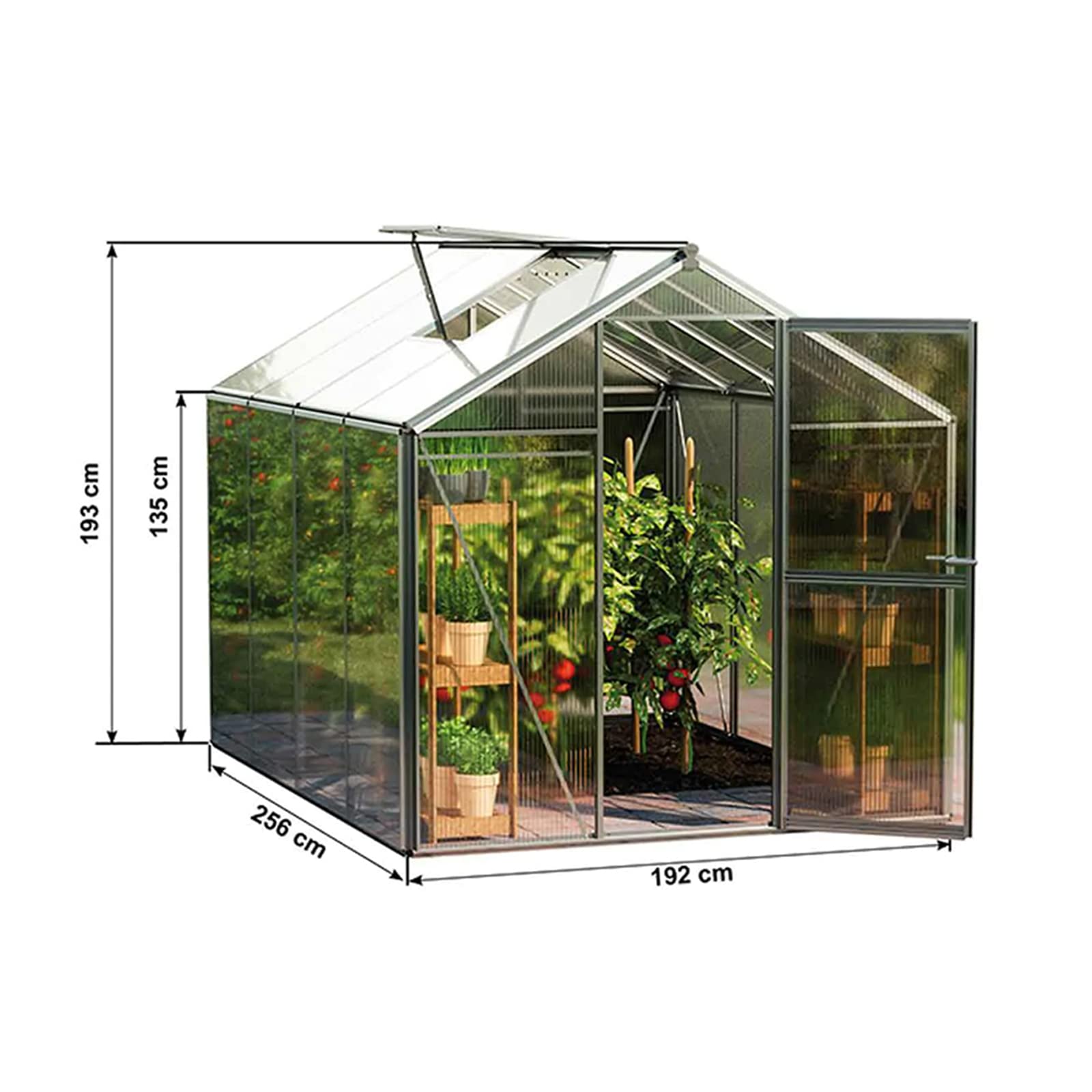 Serra GFP ECO 4 telaio in alluminio 192 x 256 cm, lastre a doppia parete di 8 mm, con apri-finestra automatico e telaio di fondazione