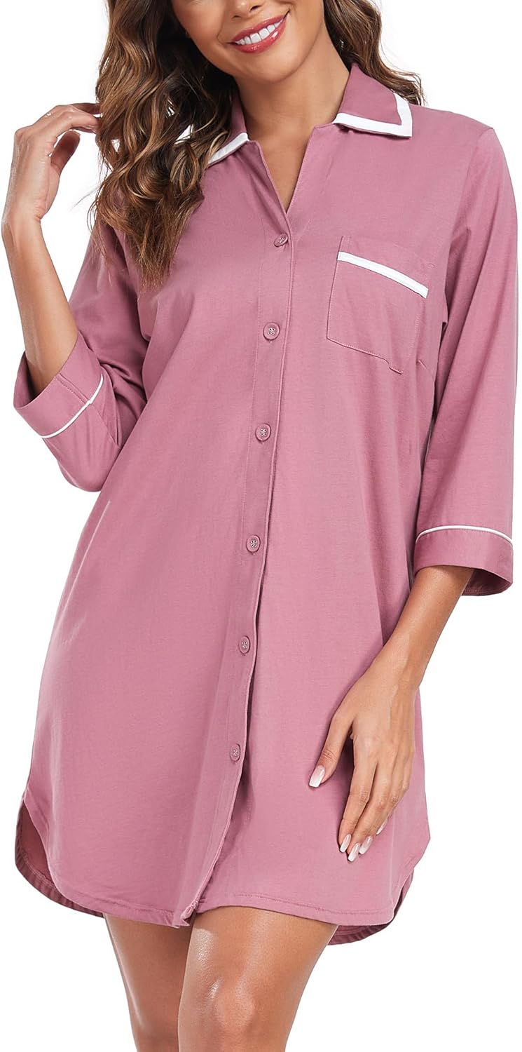COLORFULLEAF Women's 100% Cotton Nightgowns 3/4 Sleeve V-Neck Sleep Shirt Soft Button Down Pajama Dress