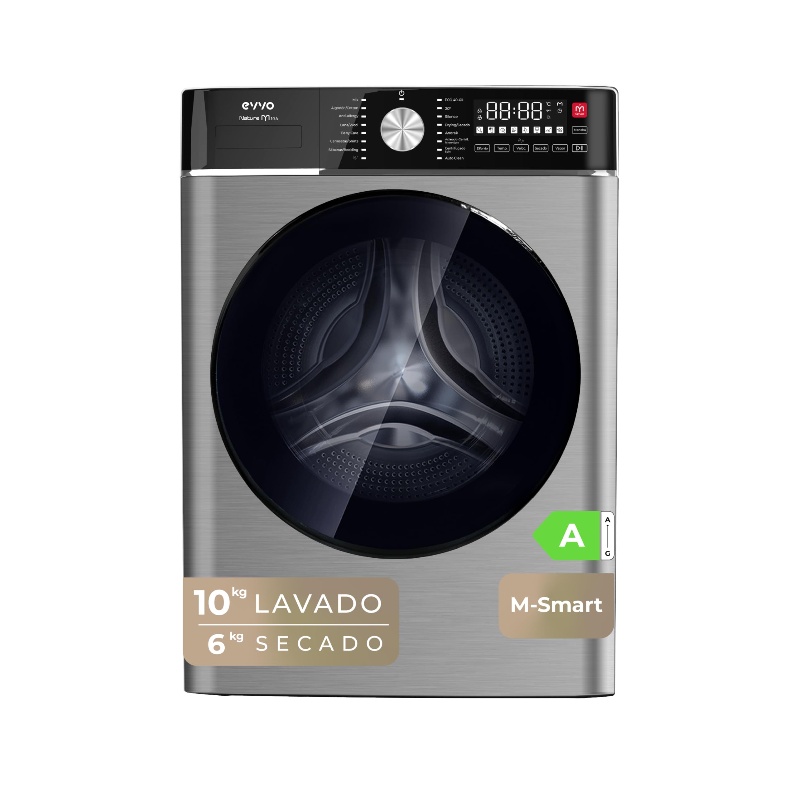EVVO Lavadora-Secadora Nature M10/6X, 10 kg lavado + 6 kg secado, 1400 rpm, Motor BLDC Inverter, Steam Wash, M-Smart One-Touch, Lavado Rápido 15', Fin diferido 24 h, Inox