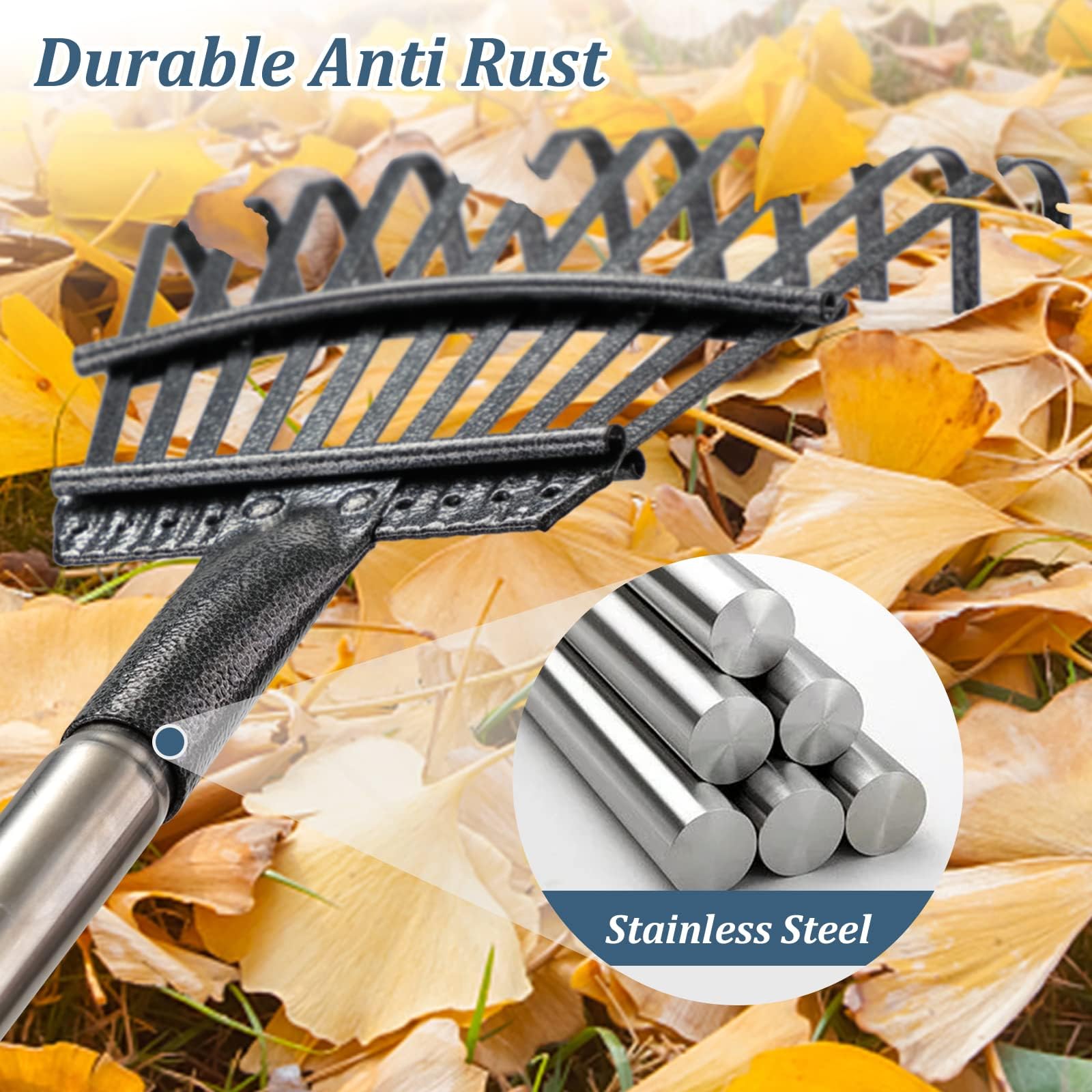 Rastrello da giardino Heavy Duty, per lavori di giardinaggio con 11 denti in metallo di larghezza 21 cm, aggiornato da 78 a 182 cm, manico lungo regolabile per livellamento Yard Cleanup Lawns, argento