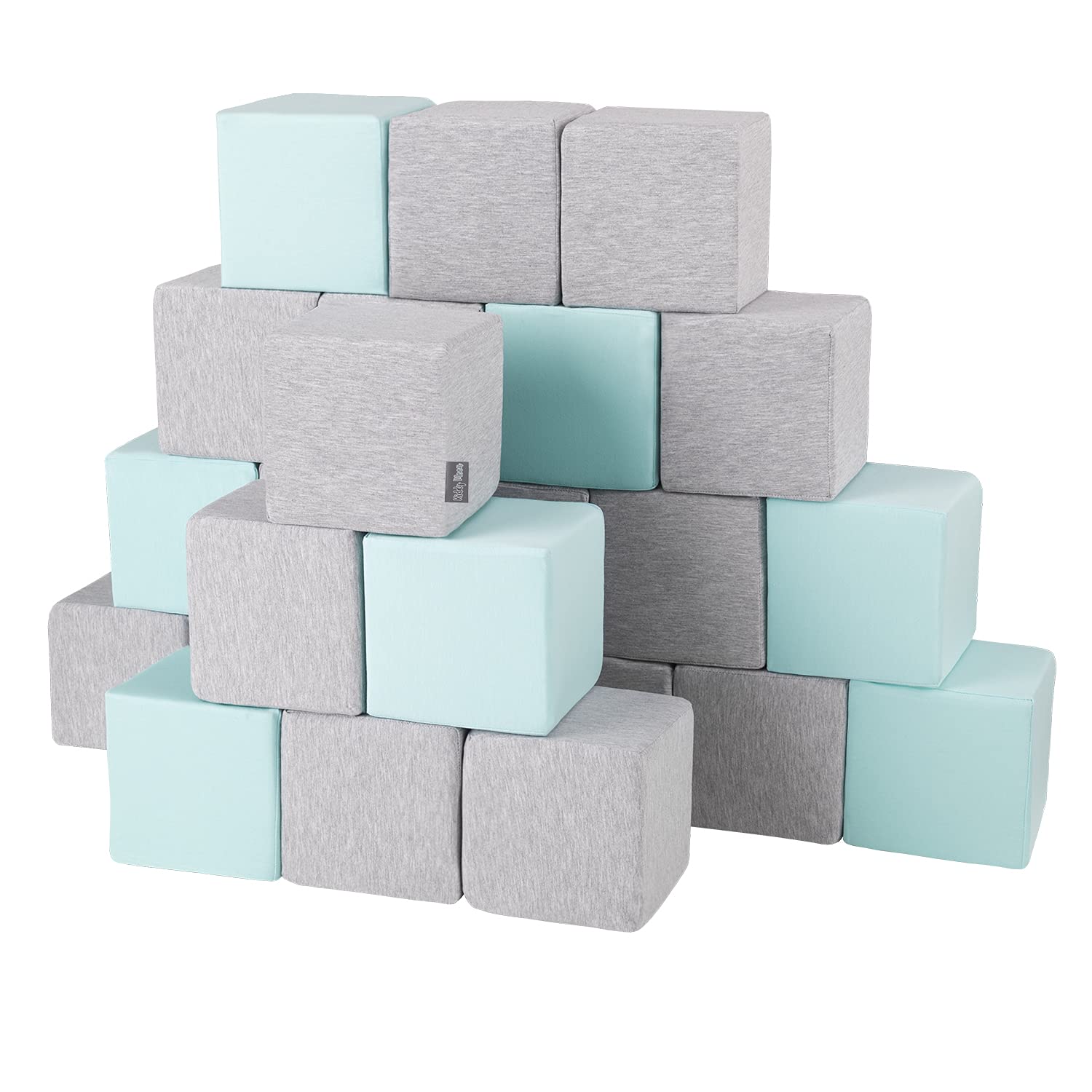 KiddyMoon Soft Foam Building Blocks For Babies & Toddlers, Washable Cotton Zip Cover, 14Cm Cubes, Sensory Toy, 24 Pieces, Cubes:Light Grey-Mint