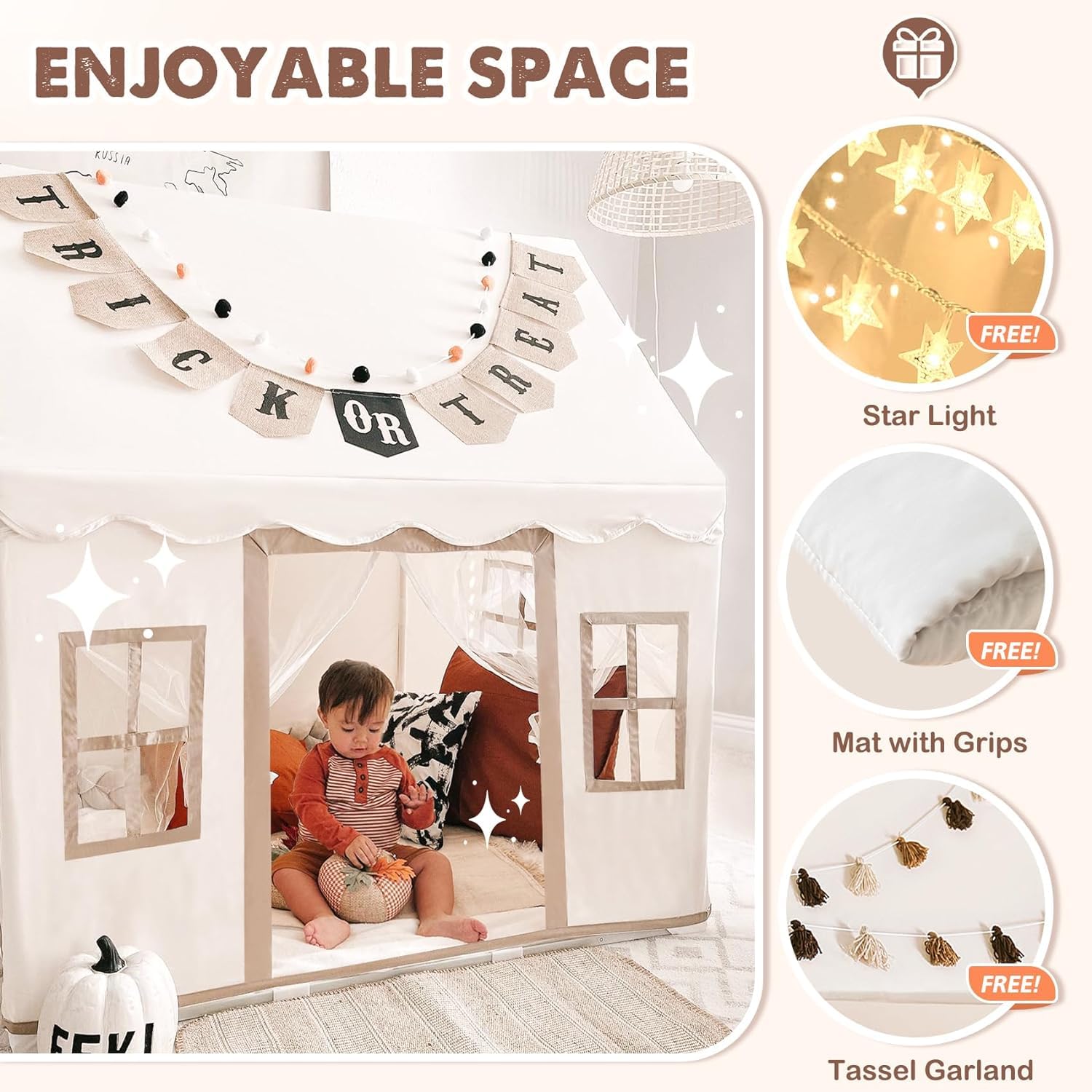 NIUEVLRS Children's Tent with Cushion, Indoor & Outdoor Play Tent for Girls and Boys from 3 Years, Play Tent for Toddlers, 132 x 90 x 132 cm, with Starlights and Flags