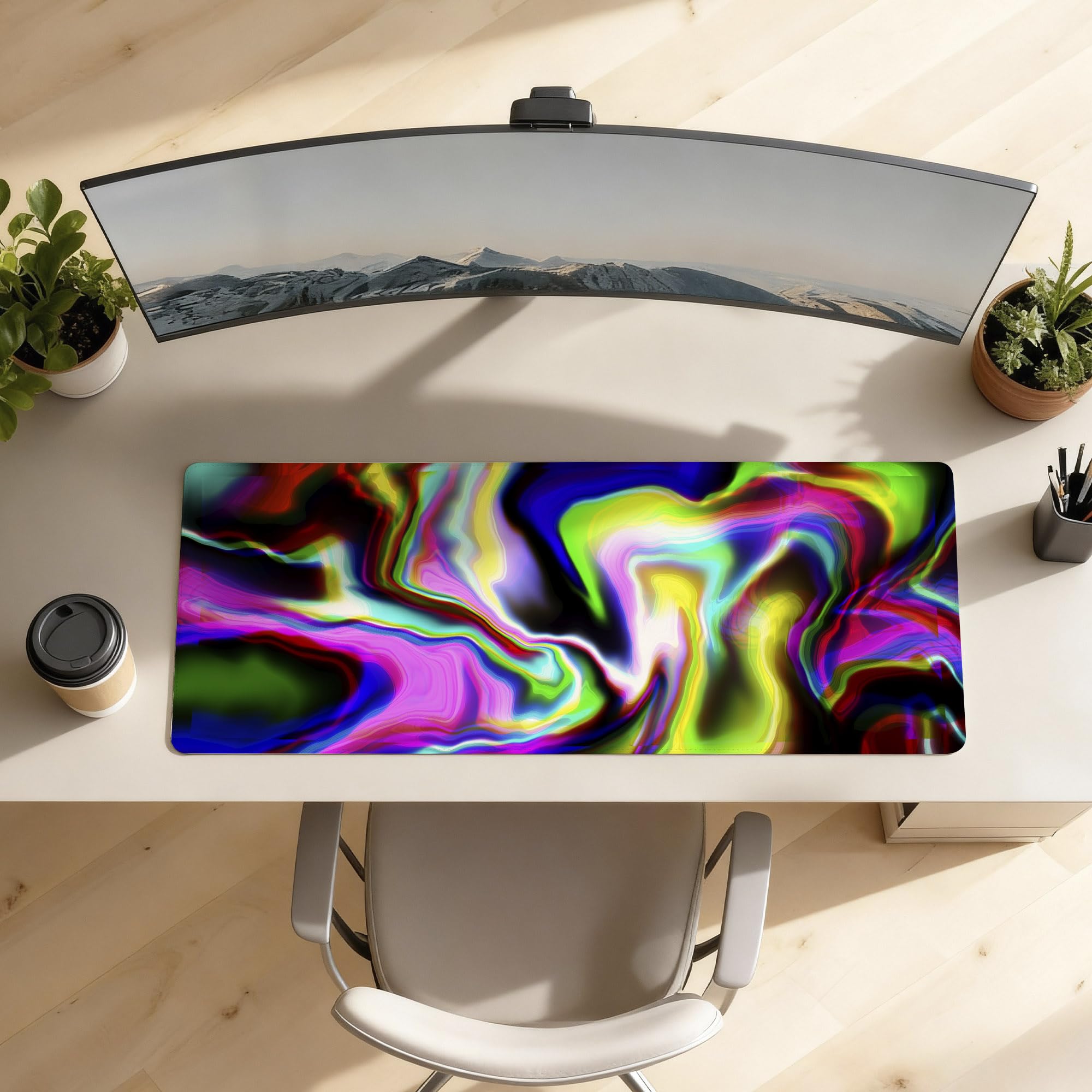 SoulAbiti Neon Glitch Flux Extended Desk Pad (36x14 Inch) - Fluid Art XXL Mouse Pad - Non-Slip Rubber Base & Stitched Edges 1
