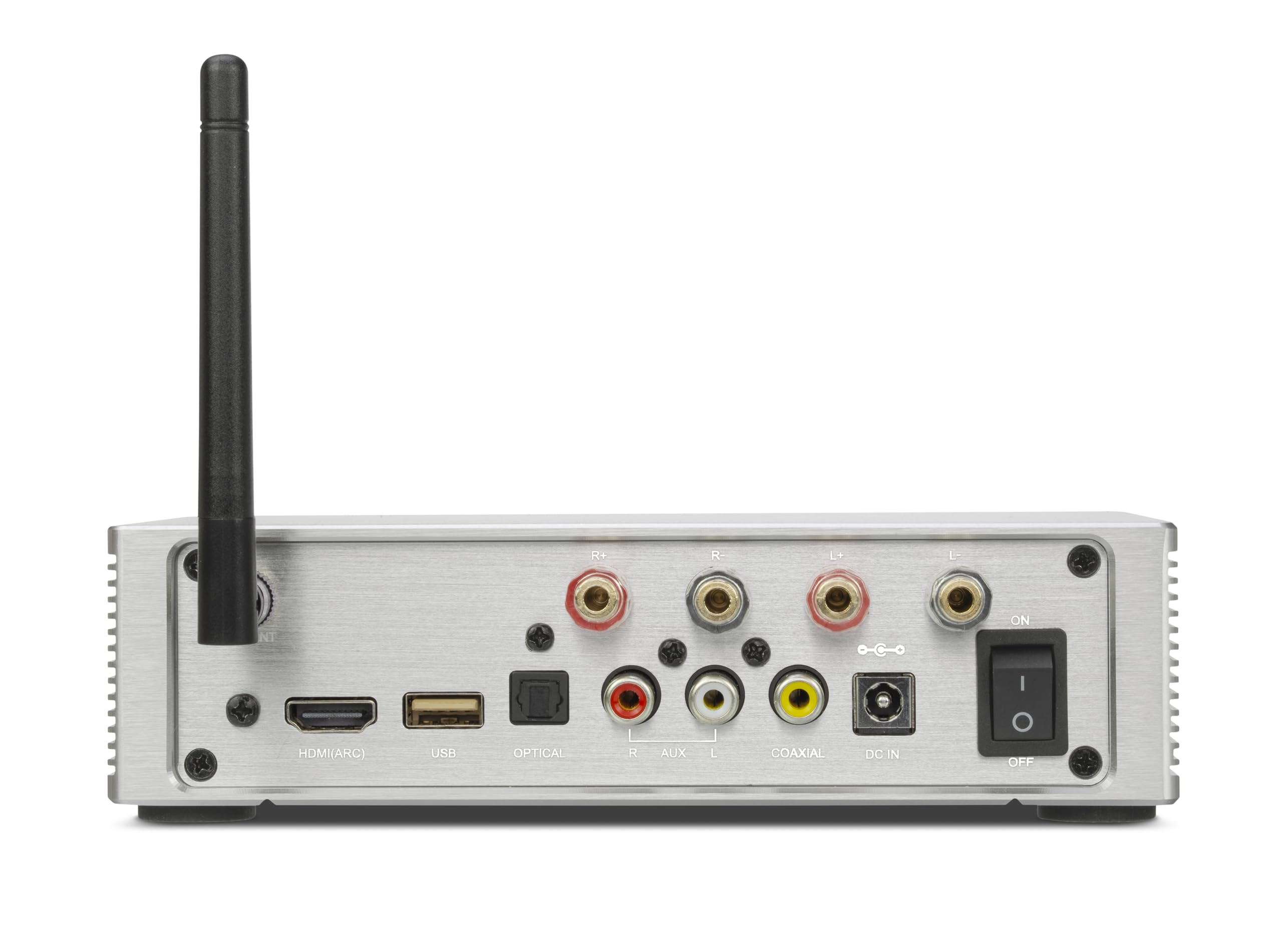 Dynavox DA-300 HiFi Verstärker, kompakter Class-D Stereo-Digitalverstärker mit HDMI ARC, BT 5.0, USB, optisch & koaxial, edles Aluminiumgehäuse, ideal für TV-Sound & Musikstreaming, Silber