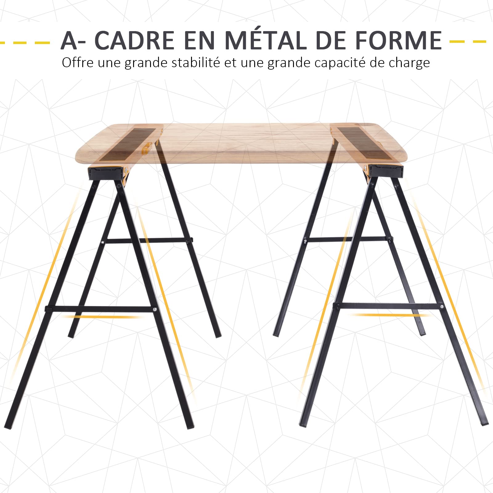 DURHAND Lot de 2 tréteaux Pliables compactes poignée Transport dim. 100L x 50l x 76H cm Surface antidérapante métal Noir Jaune