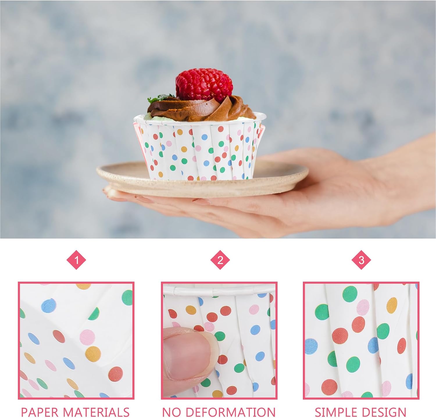 100Pcs Disposable Paper Ice Cream Cups Biodegradable Cake Cup Dessert Bowls for Parties Weddings Birthdays Colorful Dots Leak-resistant for Ice Cream Mousse Salads More