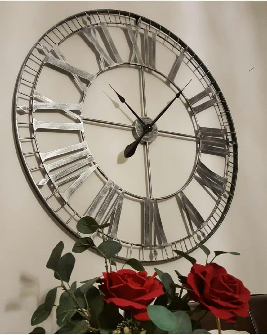 88cm Extra Large Skeleton Wall Clock - Rustic Silver - Metal Roman Numerals for Living Room - Contemporary Wall Art