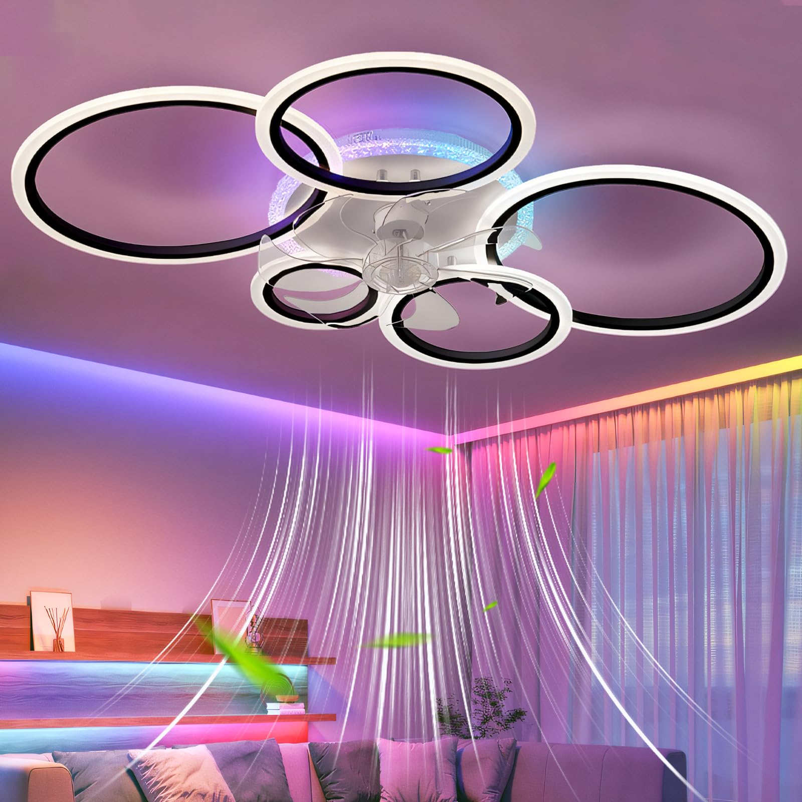95cm RGB Deckenleuchte Mit Ventilator Groß Dimmbar, Reversibel Deckenleuchte Mit Ventilator Und Fernbedienung App, Modern Deckenventilator Mit Beleuchtung 72w Wohnzimmer Leise Timer-Black