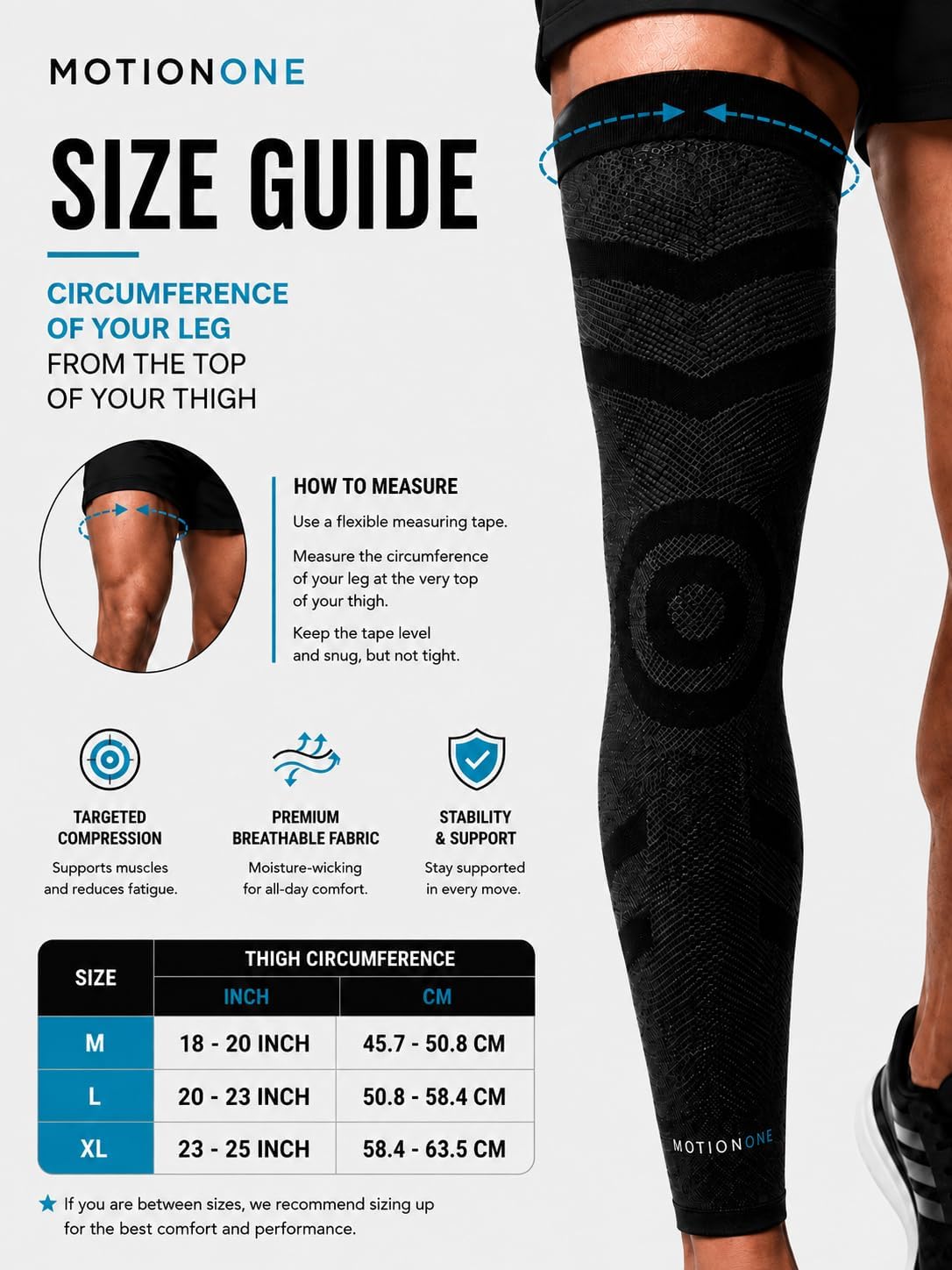 MOTIONONE Full Leg Compression Sleeve Supporting Pain Relief, Swelling, Performance + Recovery Ideal for Men and Women in Sports and Everyday Activities