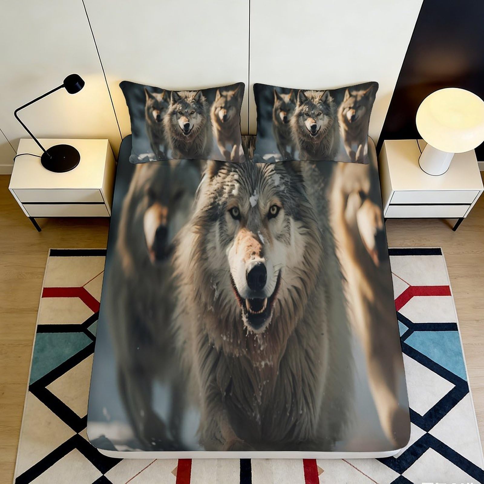 3D Printed Wolf Pack Fitted Sheet Microfiber Soft Breathable Forest Wilderness Bed Cover for Bedroom Guest Room Decor 90x200x25cm