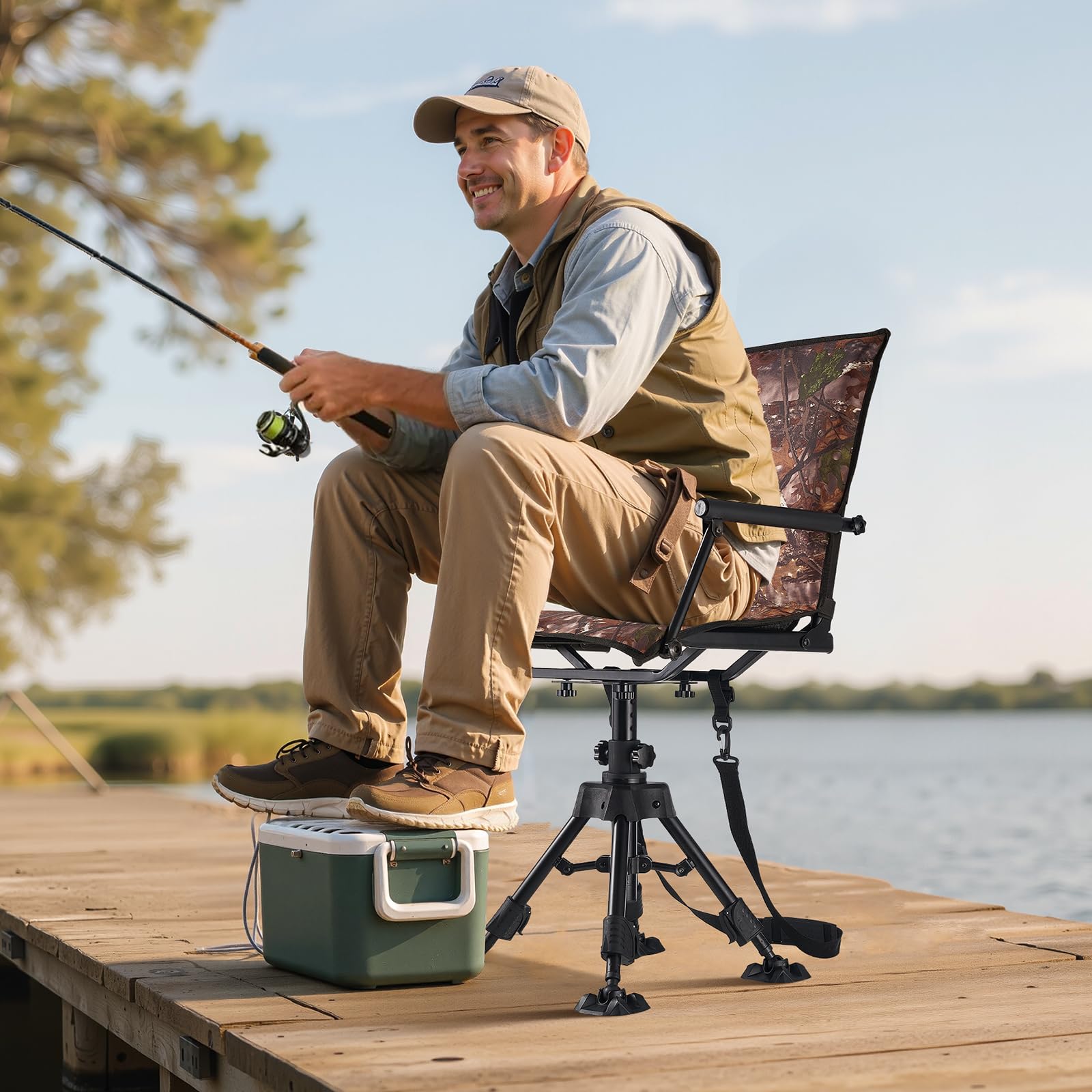 VEVOR Sedia da Caccia Campeggio Pieghevole, Sedia da Pesca con Braccioli, Altezza Regolabile Capacità di Carico 158 kg, Rotazione Silenziosa a 360°, Altezza Seduta 420-625 mm, Giardino, Esterno