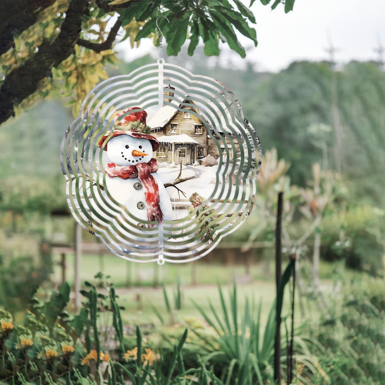 Snowman with Wood House Christmas Wind Spinners 3D Stainless Steel Laser Cut Metal Double Sided Printing-Hanging Indoor/Outdoor Decorations Yard Gardening Decor,Metal Kinetic Art 16x16 inches