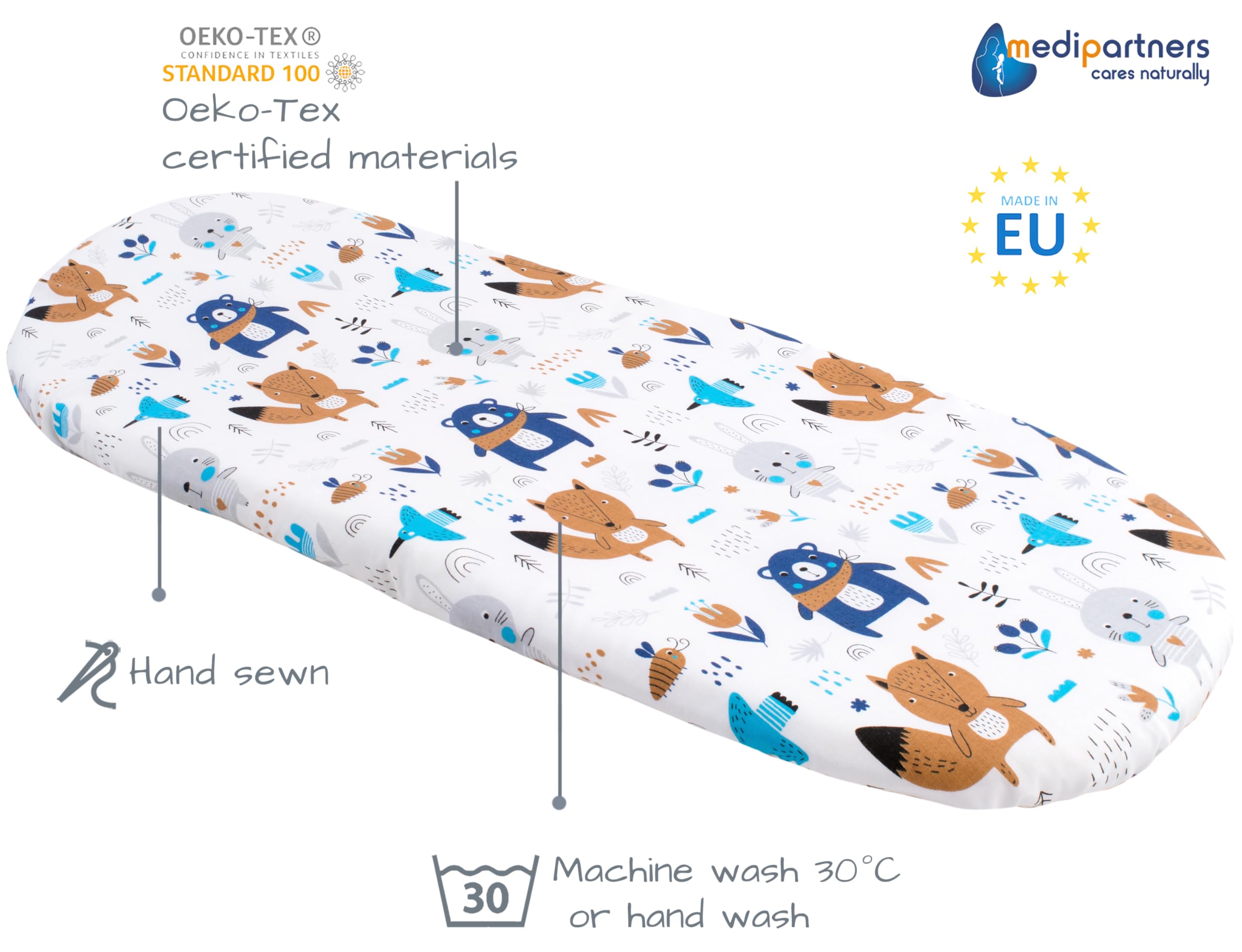 Medi Partners Set of 3 pcs. Fitted Sheet Pram 86 x 40 cm 100% Cotton Mattress Protector Baby, Boho-white-grey, Three pack - Image 3